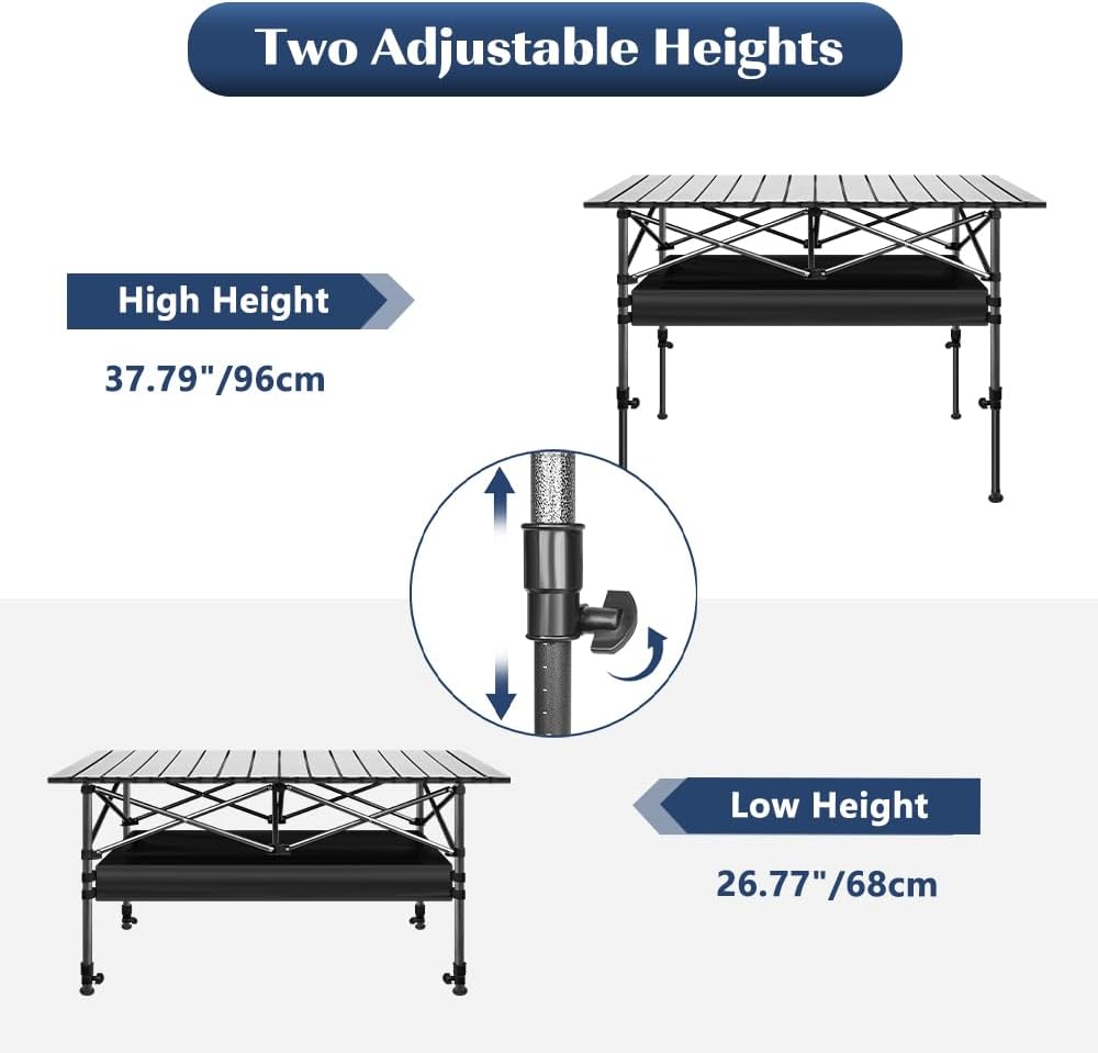 Detalle de YHANEC 044592 Folding Camping Table with Adjustable Height and Aluminum Top