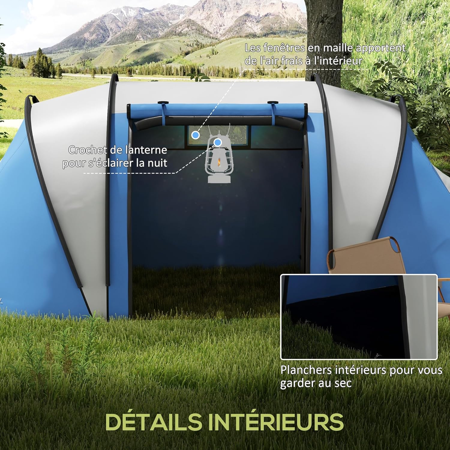 Thumbnail 4 de Outsunny Tente de Camping familiale 4-5 Personnes avec 3 portes et 2 chambres, 3000 mm, montage facile