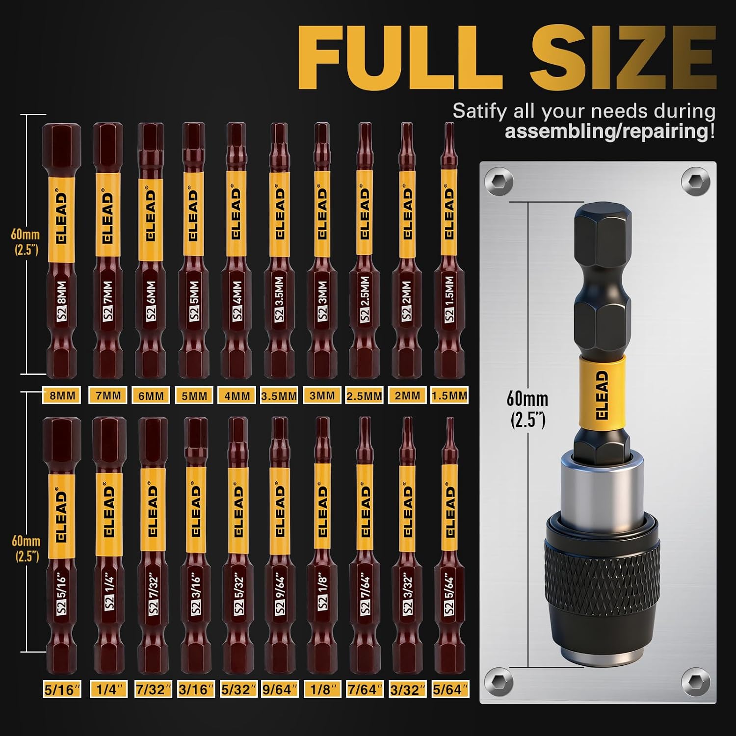 Detalle de ELEAD E70063 21-Piece Hex Bit Set, SAE/Metric, 2.5-Inch Impact Bits
