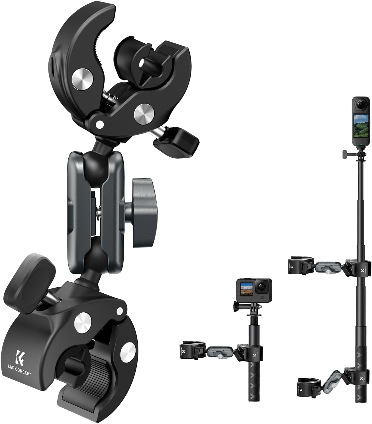 Detalle de K&F CONCEPT doppio attacco a pinza con testa sfera 360° per action cam: supporto universale per manubri e pali