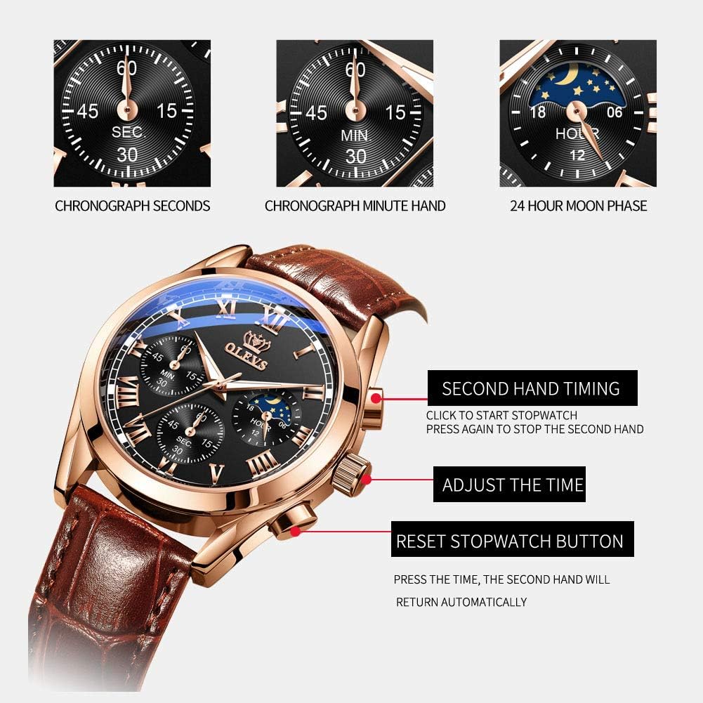 Detalle 2 de OLEVS Men Moon Phase Leather Strap Analog Quartz Watch (3ATM) with Calendar, Luminous Hands