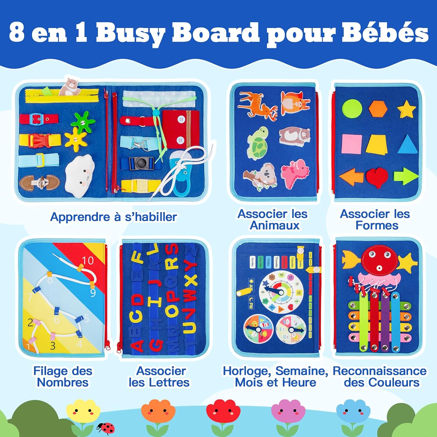 Detalle de Funsland Busy Board-boek met 8 activiteiten van vilt en ABS