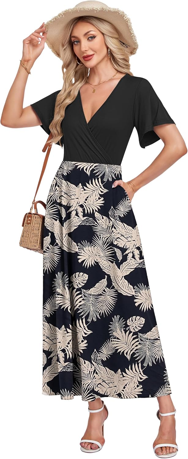 Detalle de AUSELILY Maxikleid Damen – Sommerliches, lockeres Maxi-Kleid mit V-Ausschnitt und Taschen