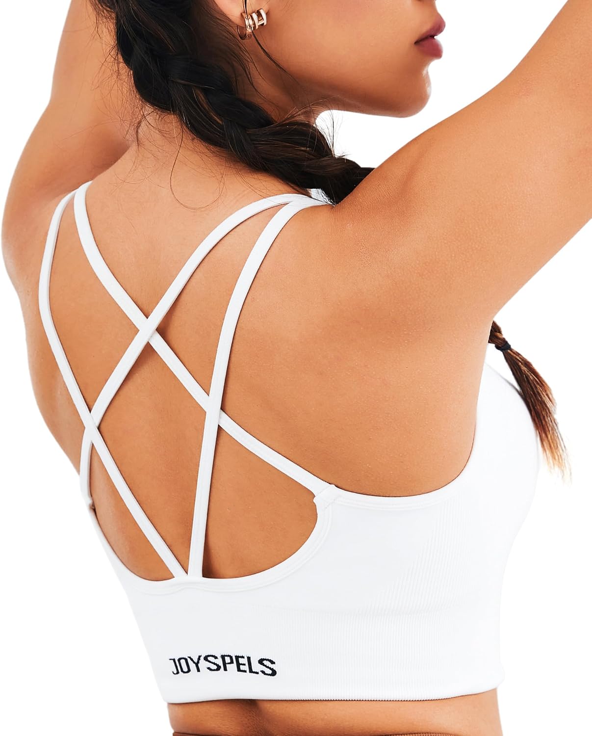 Detalle 2 de JOYSPELS Women's Seamless Longline Sports Bra – Slim Strap, 4-Way Stretch Yoga Top with Removable Pads