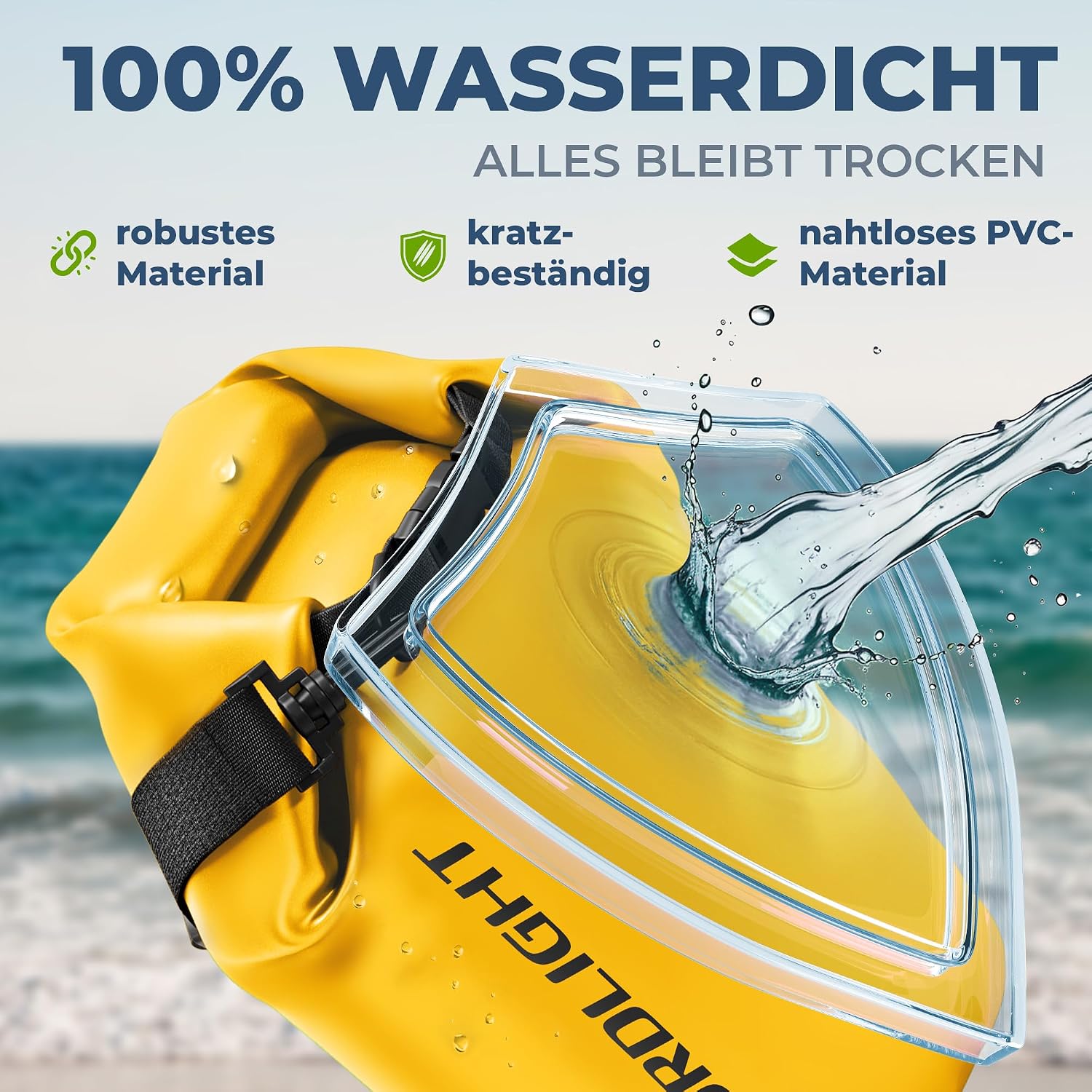 Detalle de Nordlight Dry Bag wasserdichte Tasche – 2l bis 30l, Roll-Top, IPX8, inkl. Bauchtasche & Smartphone-Hülle