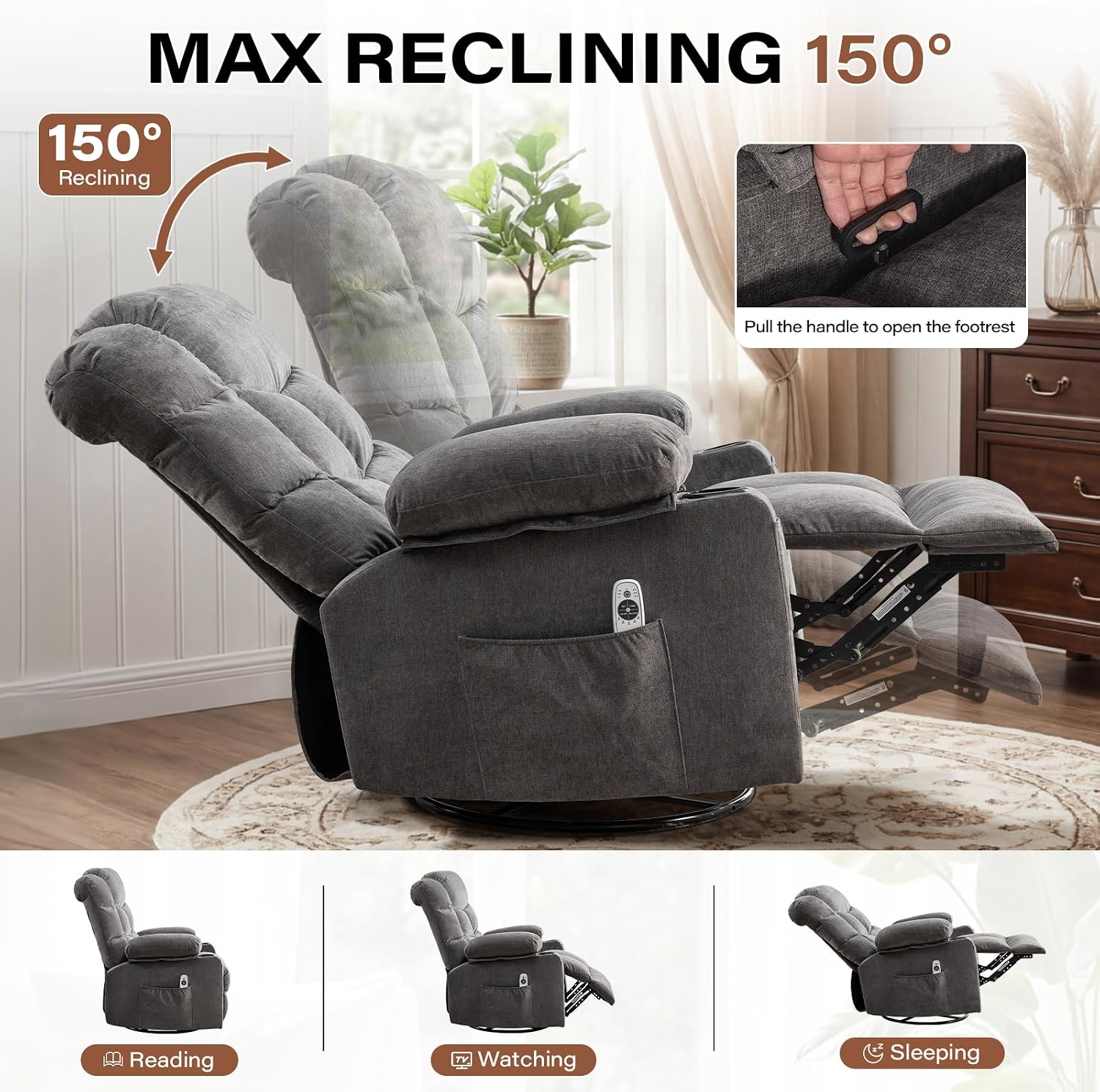 Detalle 2 de Swivel Rocker Recliner Chair with Massage