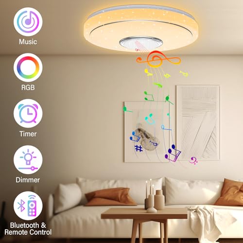 Detalle de OGVDOE Lámpara de Techo LED Regulable 48W con Bluetooth, RGB y Altavoz — Plafón Ø30 cm