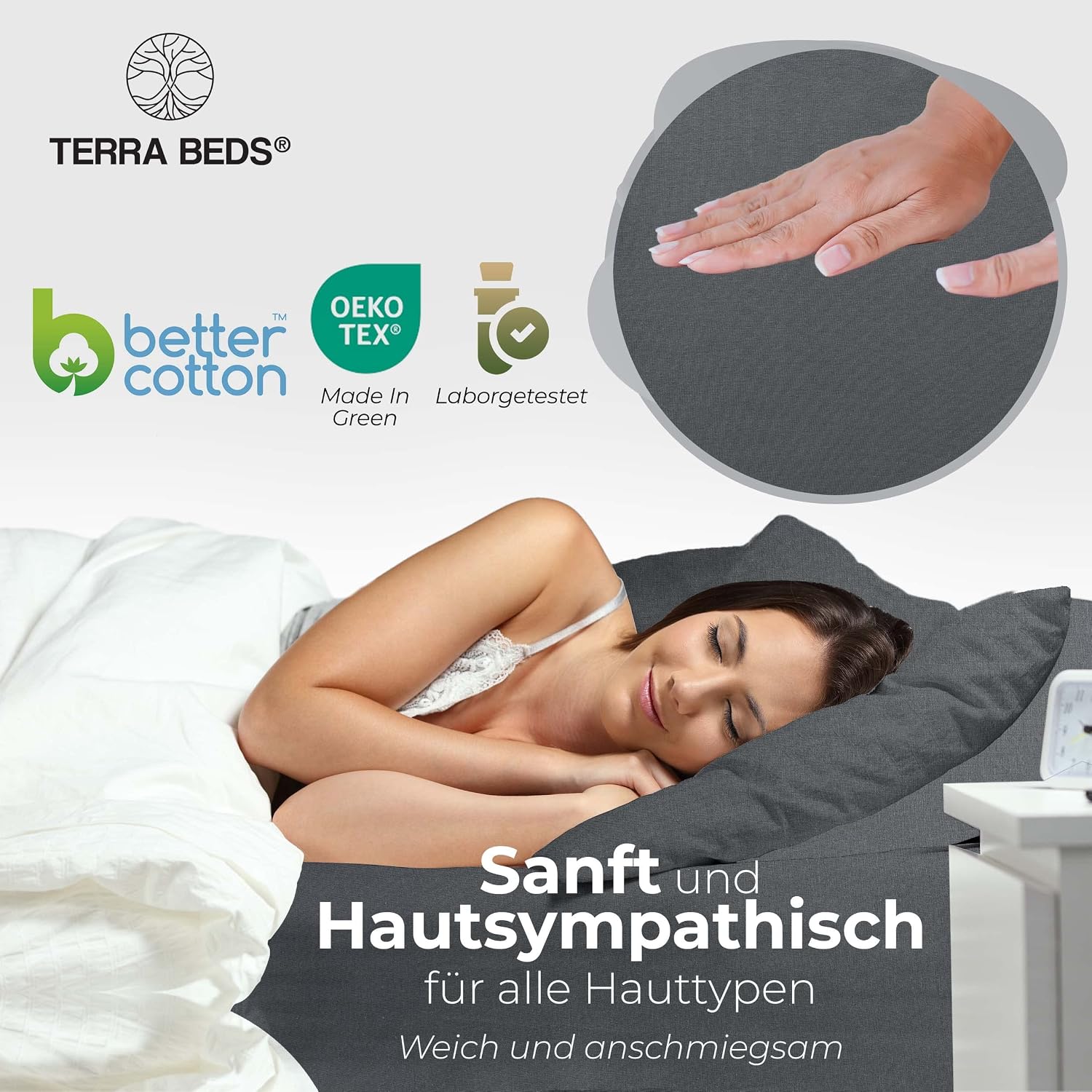 Detalle 2 de Terra Beds Premium Jersey Spannbettlaken 140x200 cm – OEKO-TEX, 100% Baumwolle, Jersey, 160 g/m²