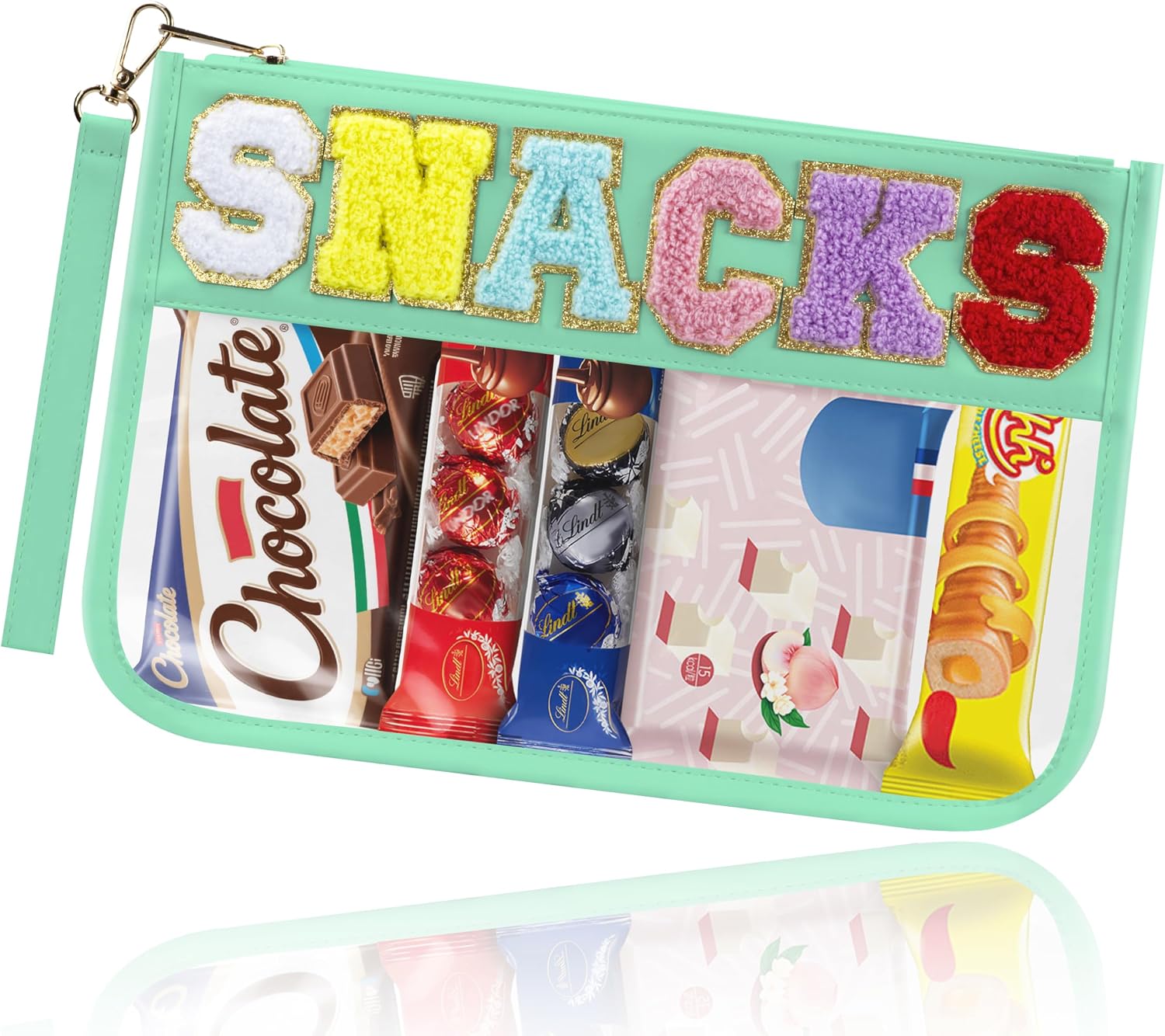 Detalle de BuyCard travel snack bag with chenille letter patch – preppy waterproof zip pouch (minty green)