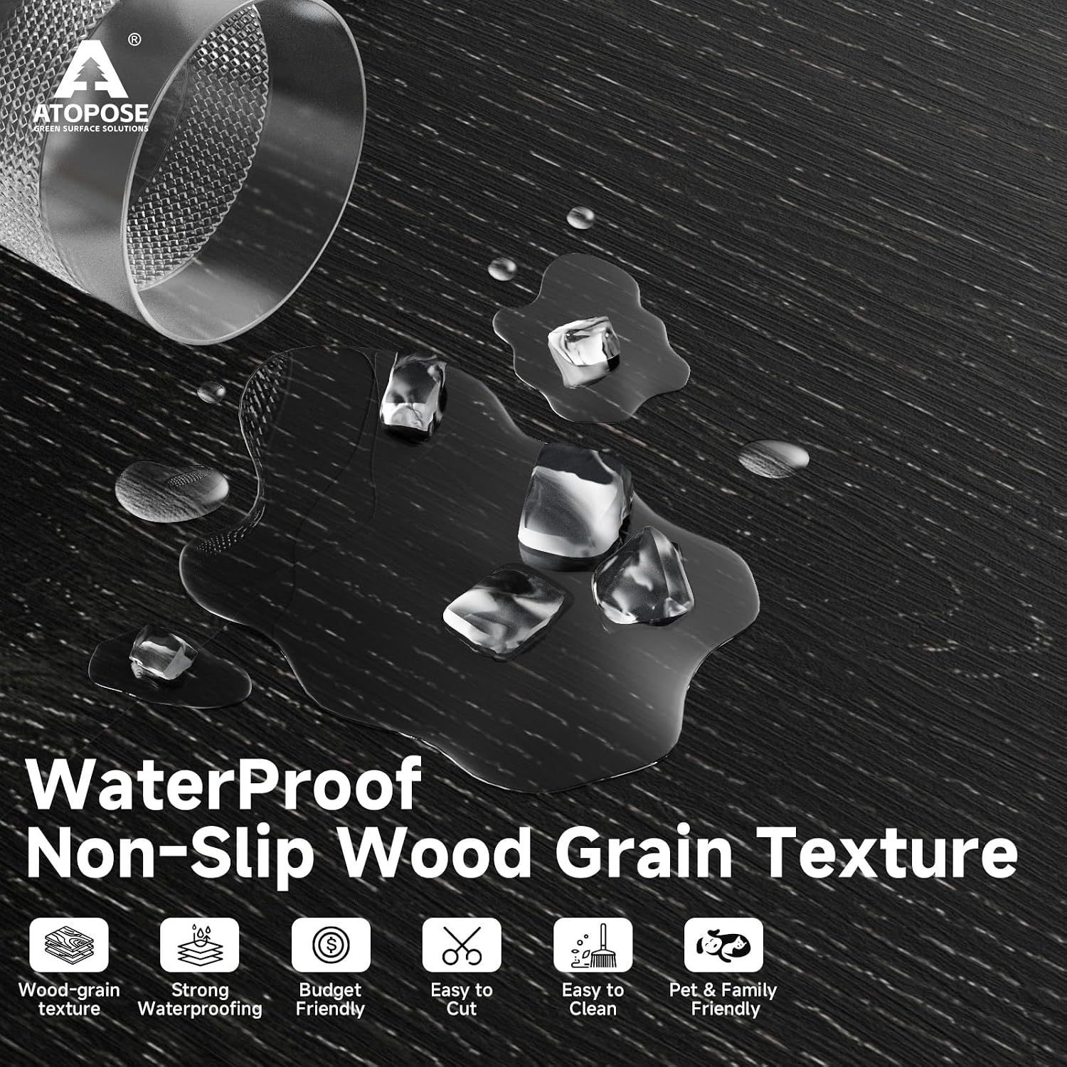 Detalle de ATOPOSE Black Self-Adhesive Vinyl Flooring – 36 Plank Pack in Nero (Wood Look)