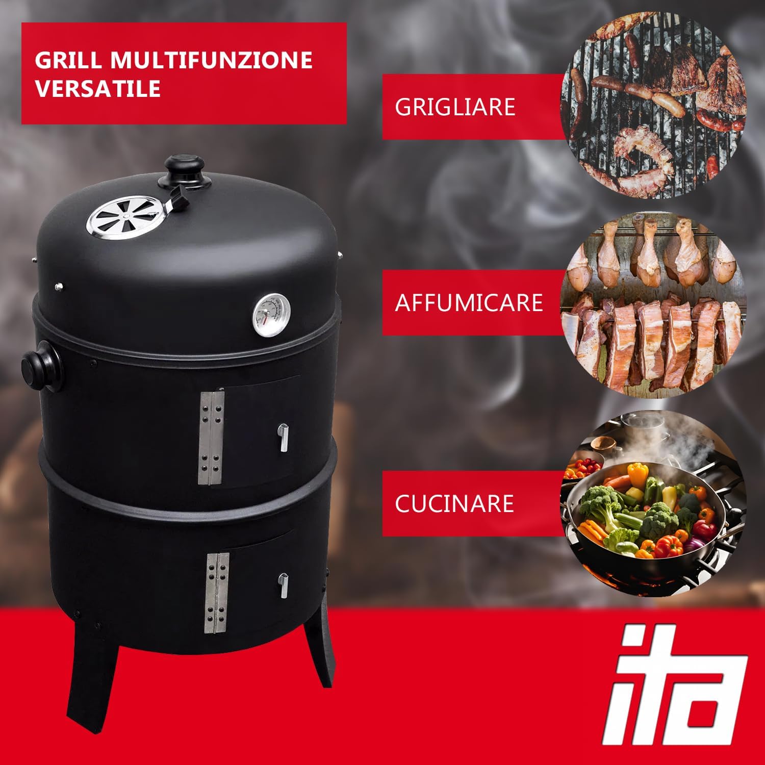 Thumbnail 1 de ITA Griglia Multifunzione 3 in 1: grigliare, affumicare e cuocere con termometro e regolazione aria