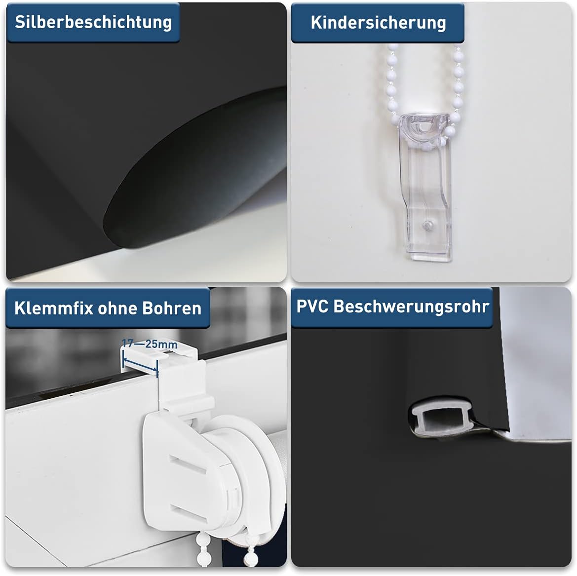 Thumbnail 2 de bobodeco Verdunklungsrollo Klemmfix Schwarz 45x170 cm – Ohne Bohren oder mit Bohren, Thermorollo