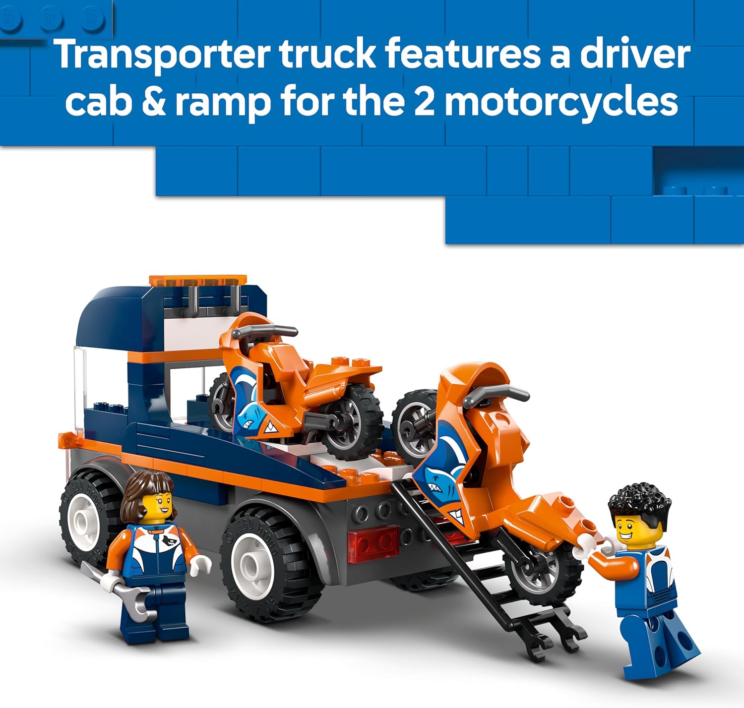 Detalle de LEGO City Motorcycle Transporter 60491 – Fine motor skills toy with flatbed truck, 2 motorbikes, 2 minifigures and ramp