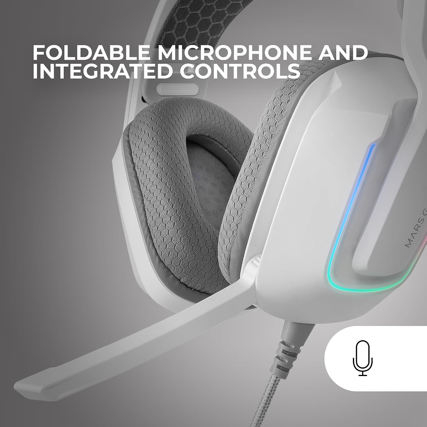 Detalle de Mars Gaming MH-Strike Gaming-Headset mit FRGB-Rainbow-Licht, 50-mm-Neodym-Treibern und klappbarem Mikrofon (weiß)