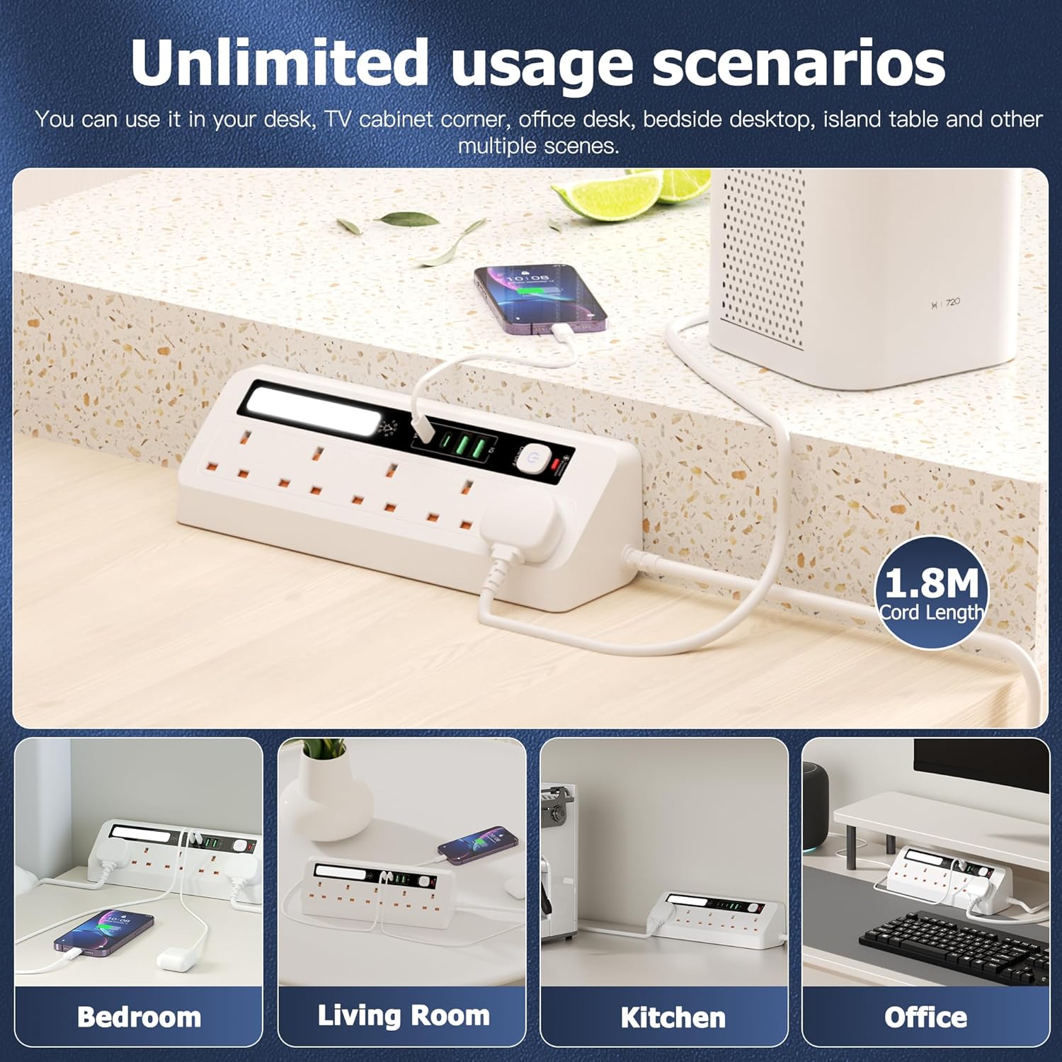 Thumbnail 3 de AUNNO Extension Lead with USB Slots (5 Ways) – 2 USB-A, 2 USB-C, 1.8m, Surge Protected with Night Light
