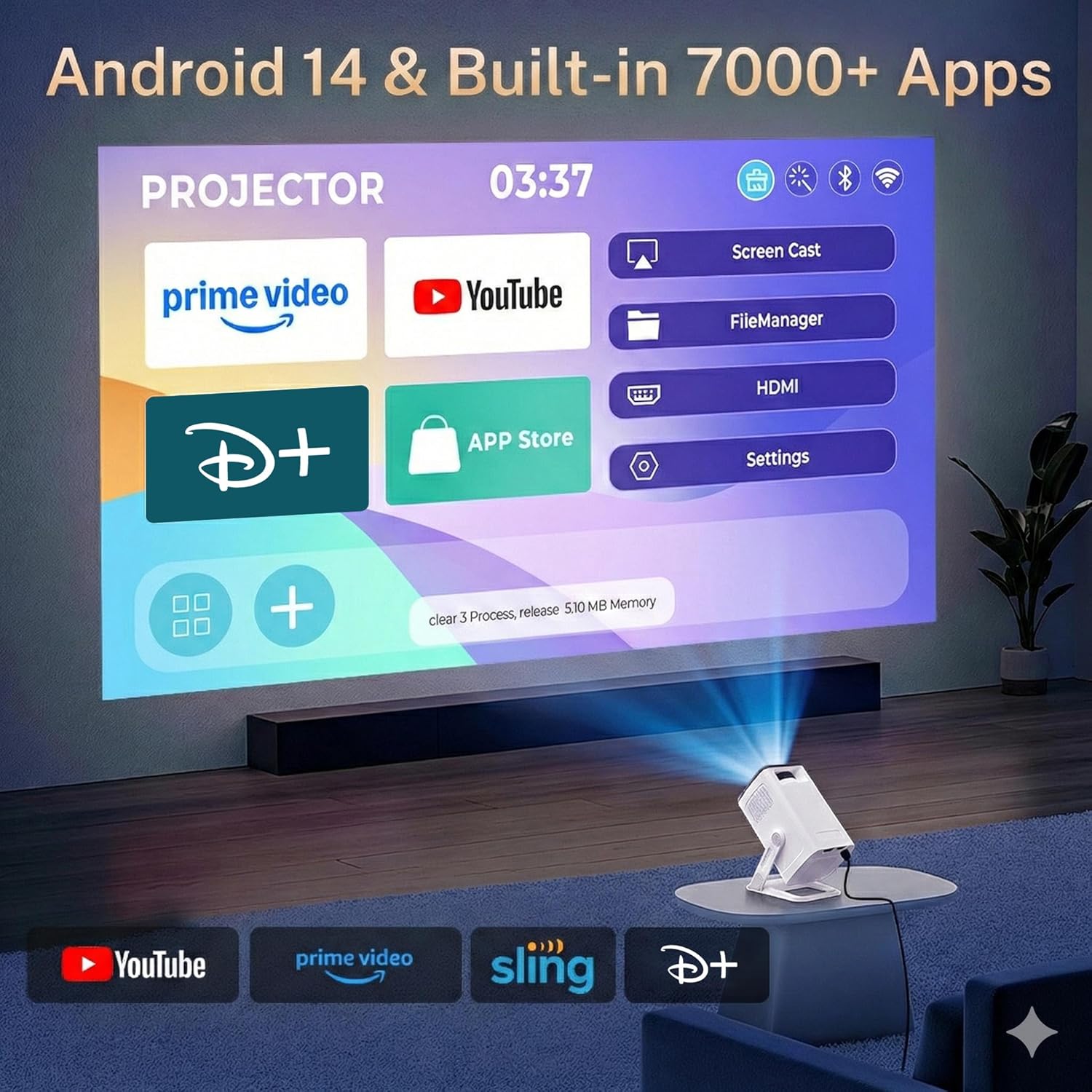 Detalle 2 de LYNCast V300 Mini Projector with WiFi 6, BT 5.4, Android 14, and 4K Support