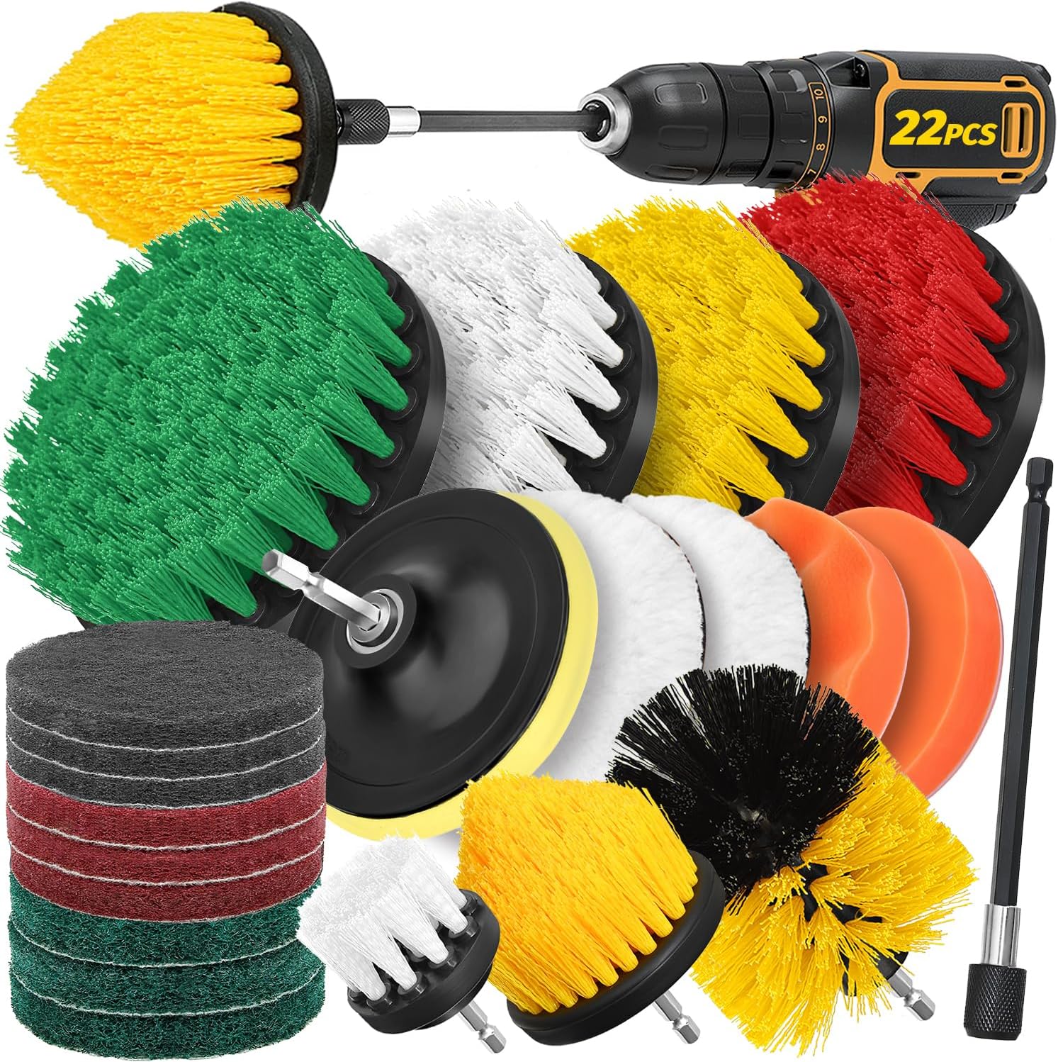 Detalle de Aongray Drill Brush Attachment Set (22 pieces) – 1/4in Hex, with Extension Pole and Scrubbing Pads