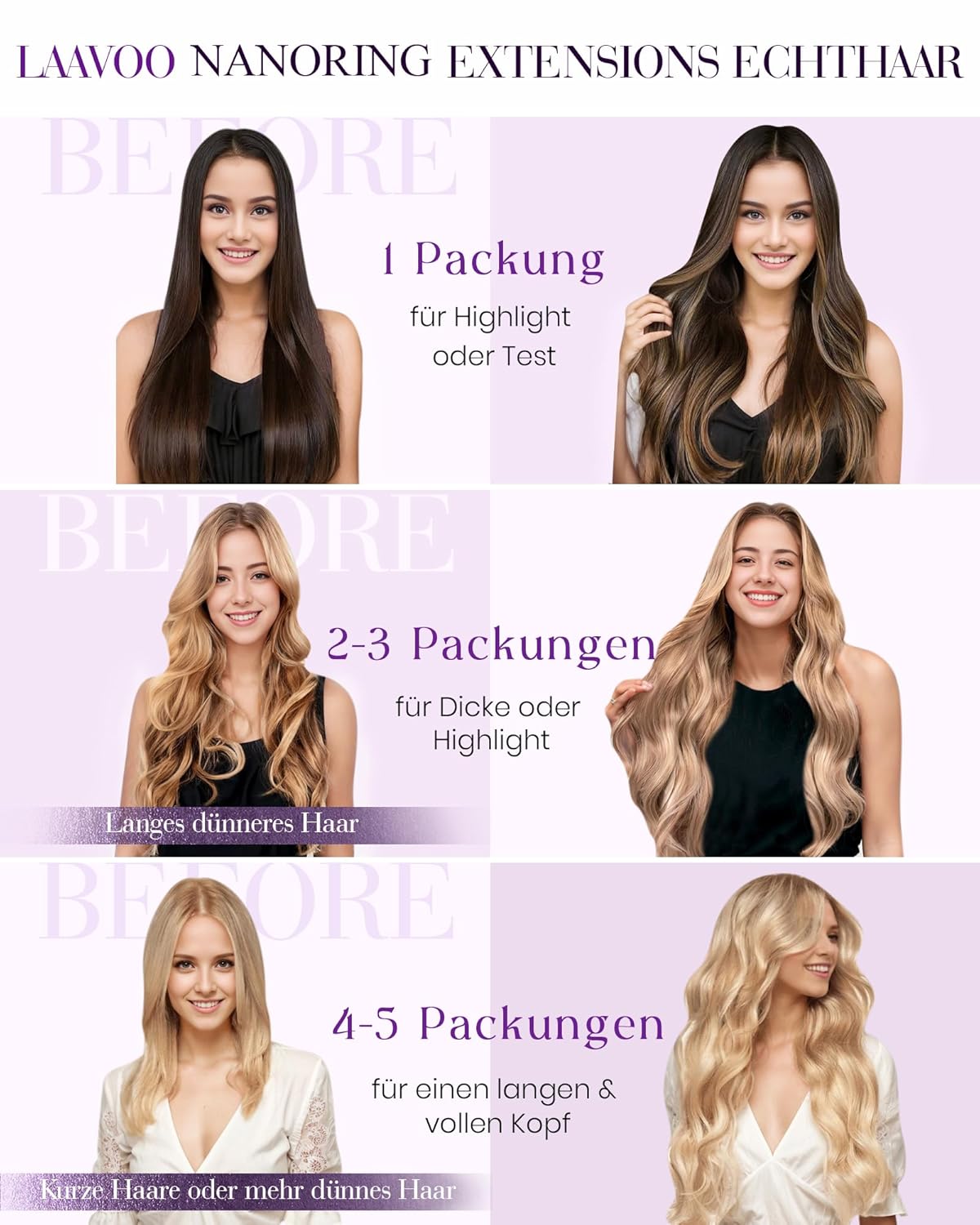 Detalle de LaaVoo Nano-Ring Extensions aus Remy-Echthaar, dunkelbraun (40 cm, 50 g, #2)