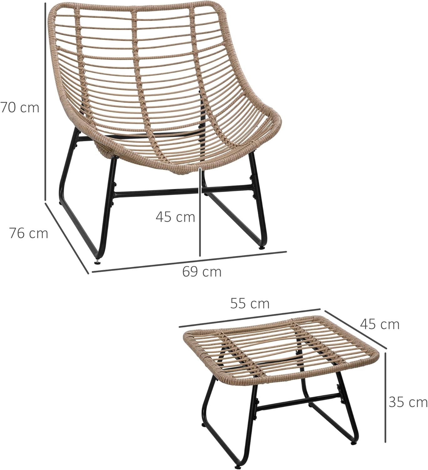 Thumbnail 2 de Outsunny Fauteuil Chaise de Jardin avec Repose-Pieds en métal époxy et résine tressée – Naturel
