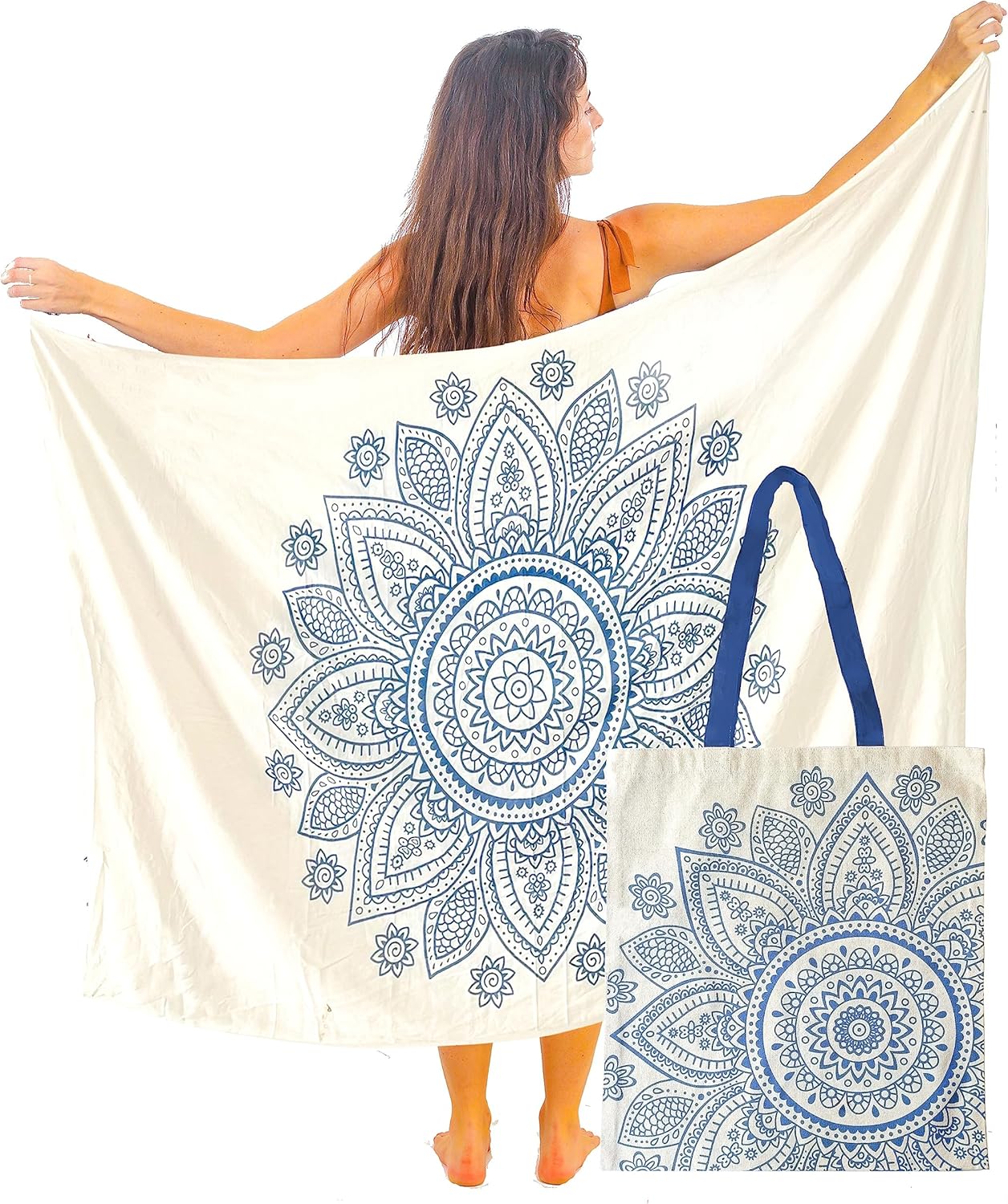 Mandala Life ART Paréo de plage pour femme en rayonne avec sac – Bleu boho chic
