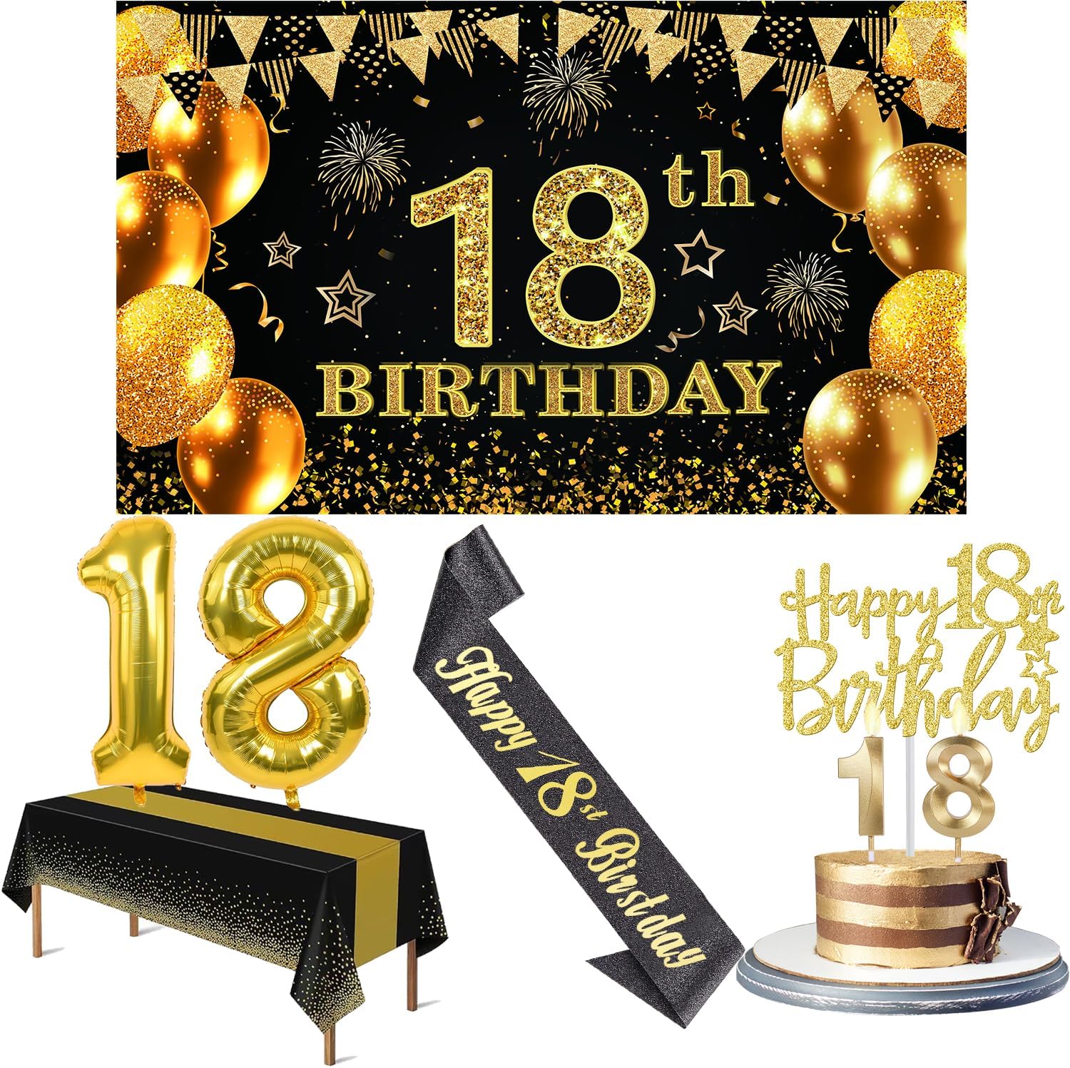 Detalle de 18th Birthday Decorations Set in Black and Gold: Banner, Table Cloth, Balloons, Sash, Cake Topper and Candles