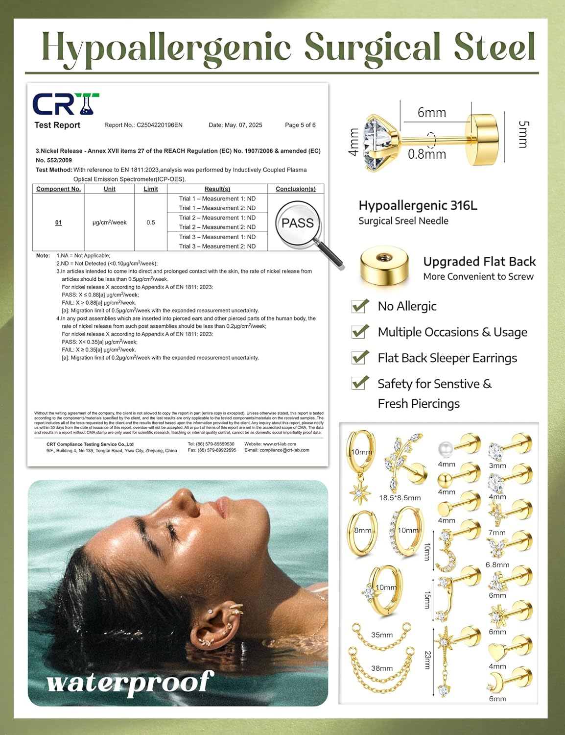 Detalle de CASSIECA 21er Helix Piercings Set aus Chirurgenstahl – Goldbeschichtung, Zirkonia & Flachverschluss