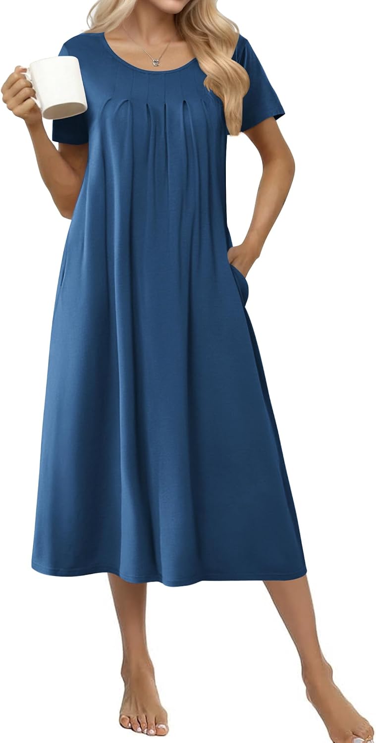 Detalle de Ekouaer Cotton Nightgown for Women, Long Pocketed House Dress, S–3XL
