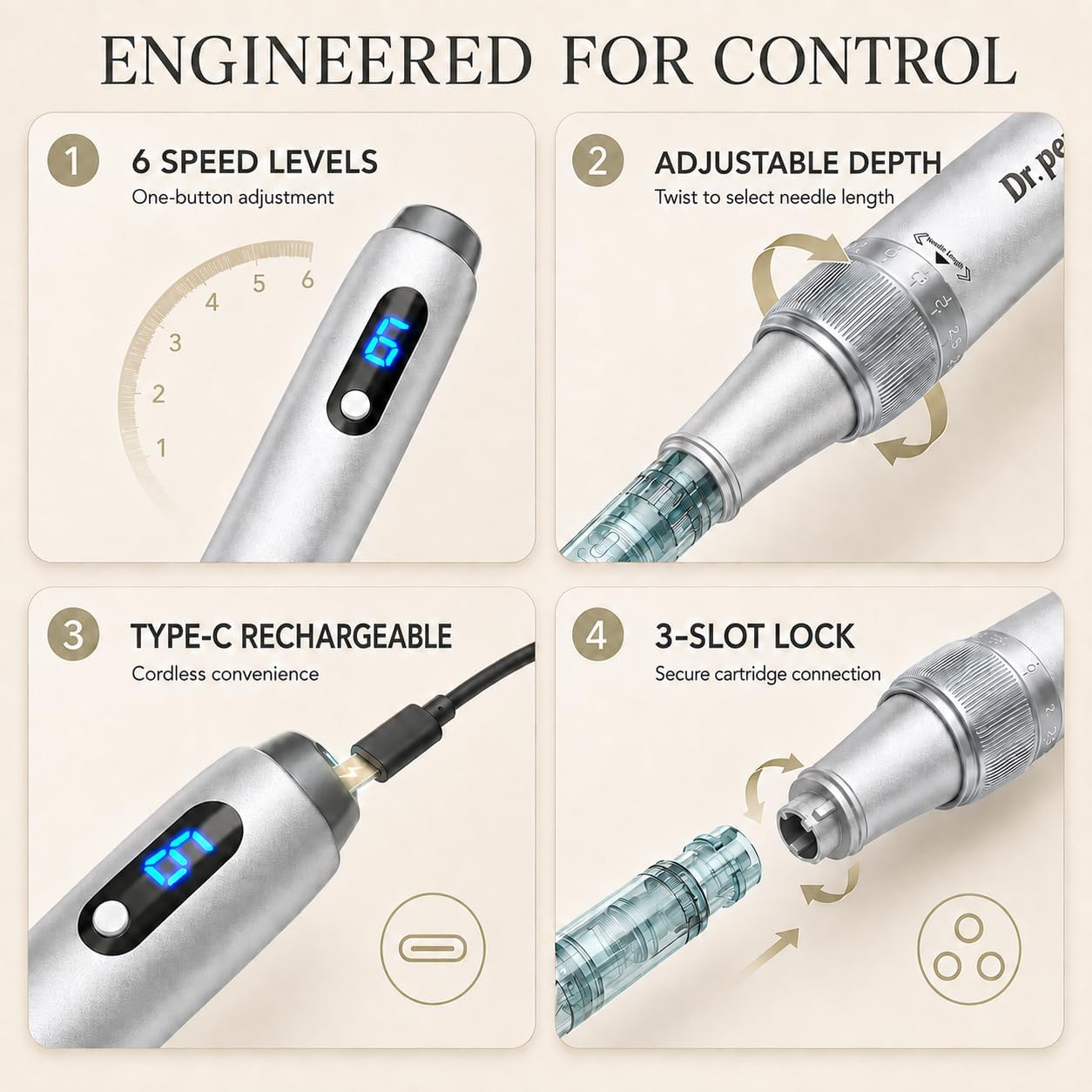 Detalle 1 de DMFAUM FW-M7 Microneedling Pen, 6 Speeds, Adjustable Depth, Type-C Charging
