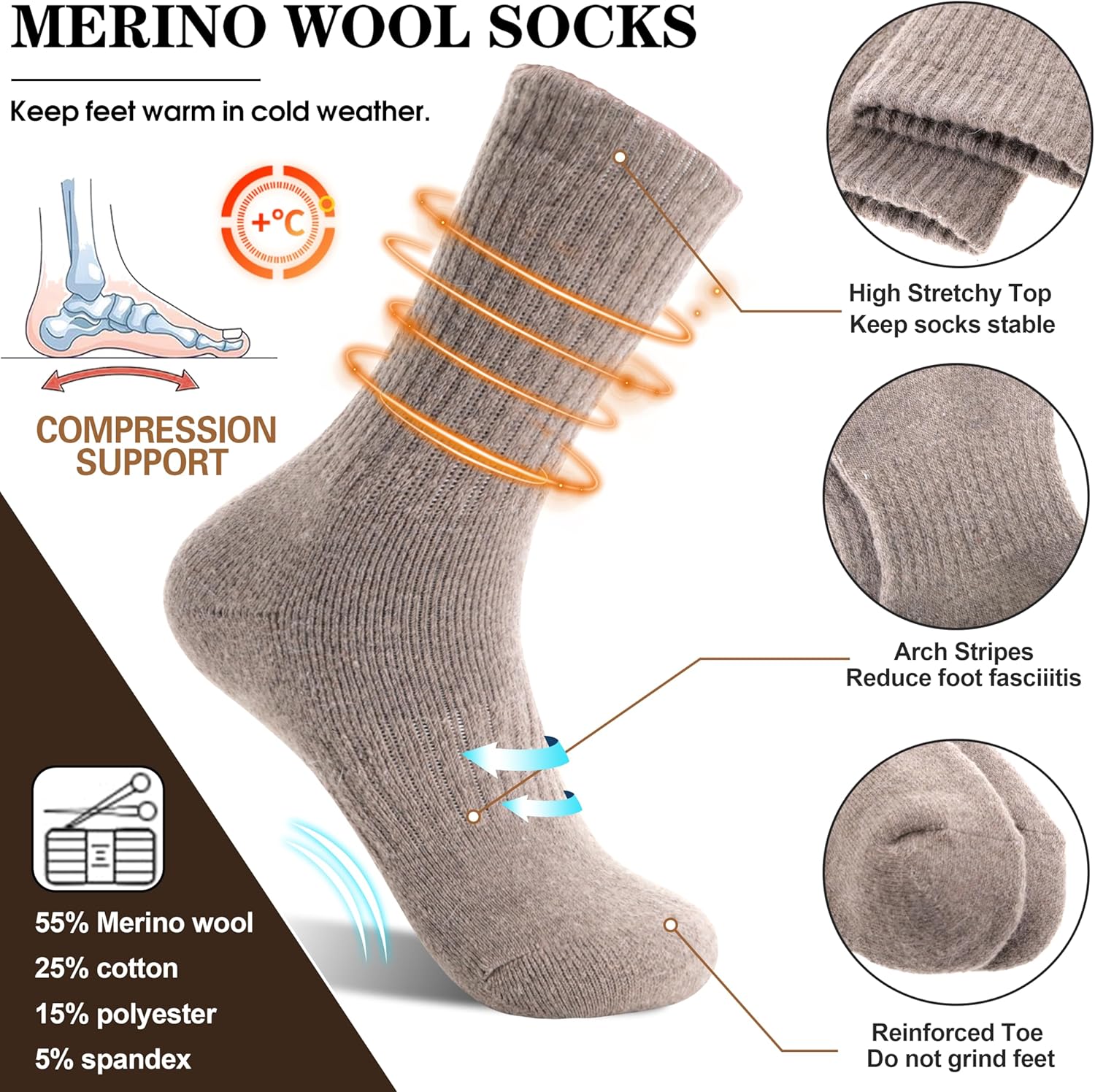 Detalle de MOGGEI Merino Wool Hiking Socks 5 Pairs