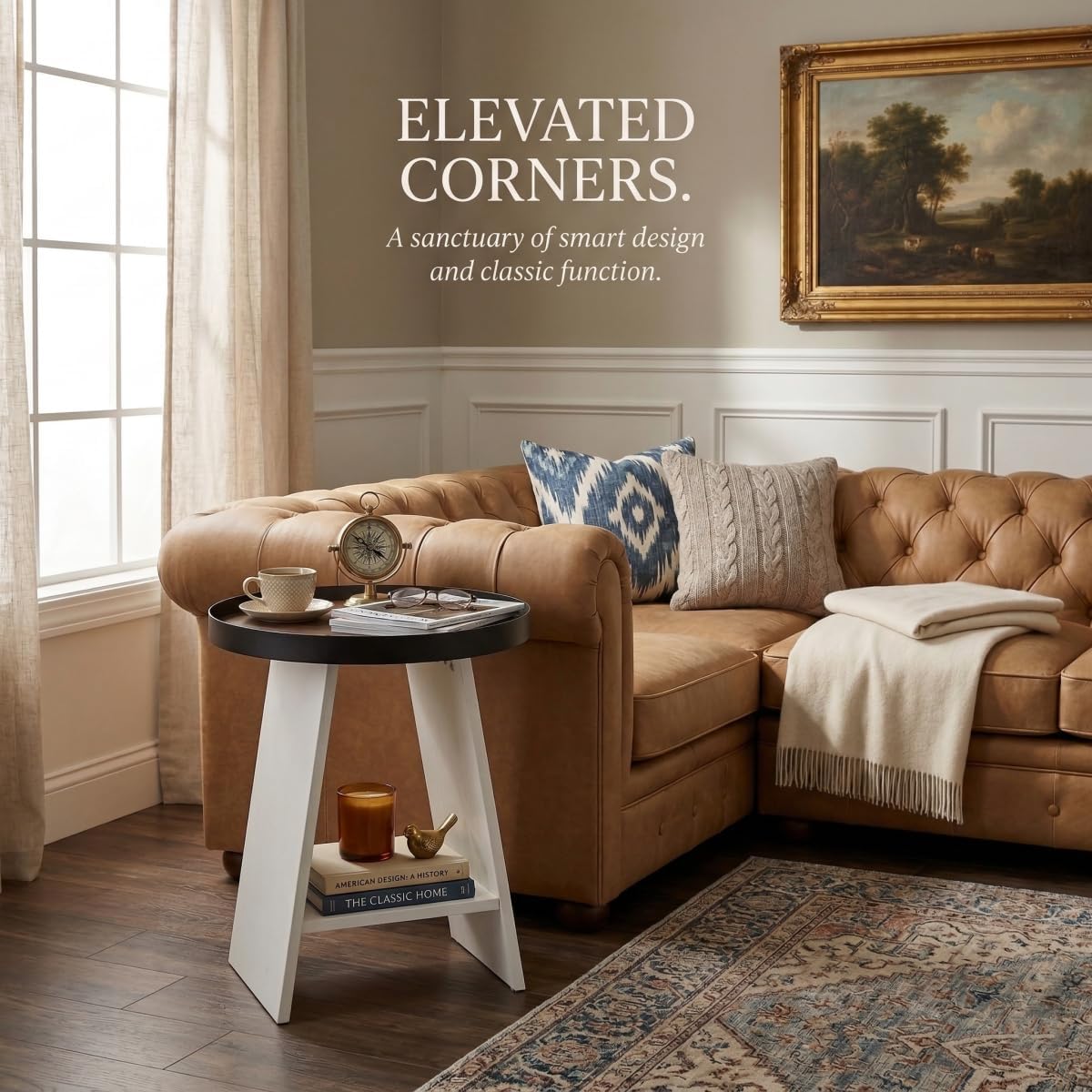 Thumbnail 5 de ZEXVIDA Round End Table with Tray Top (White) - 2-Tier Rustic Side Table for Small Spaces