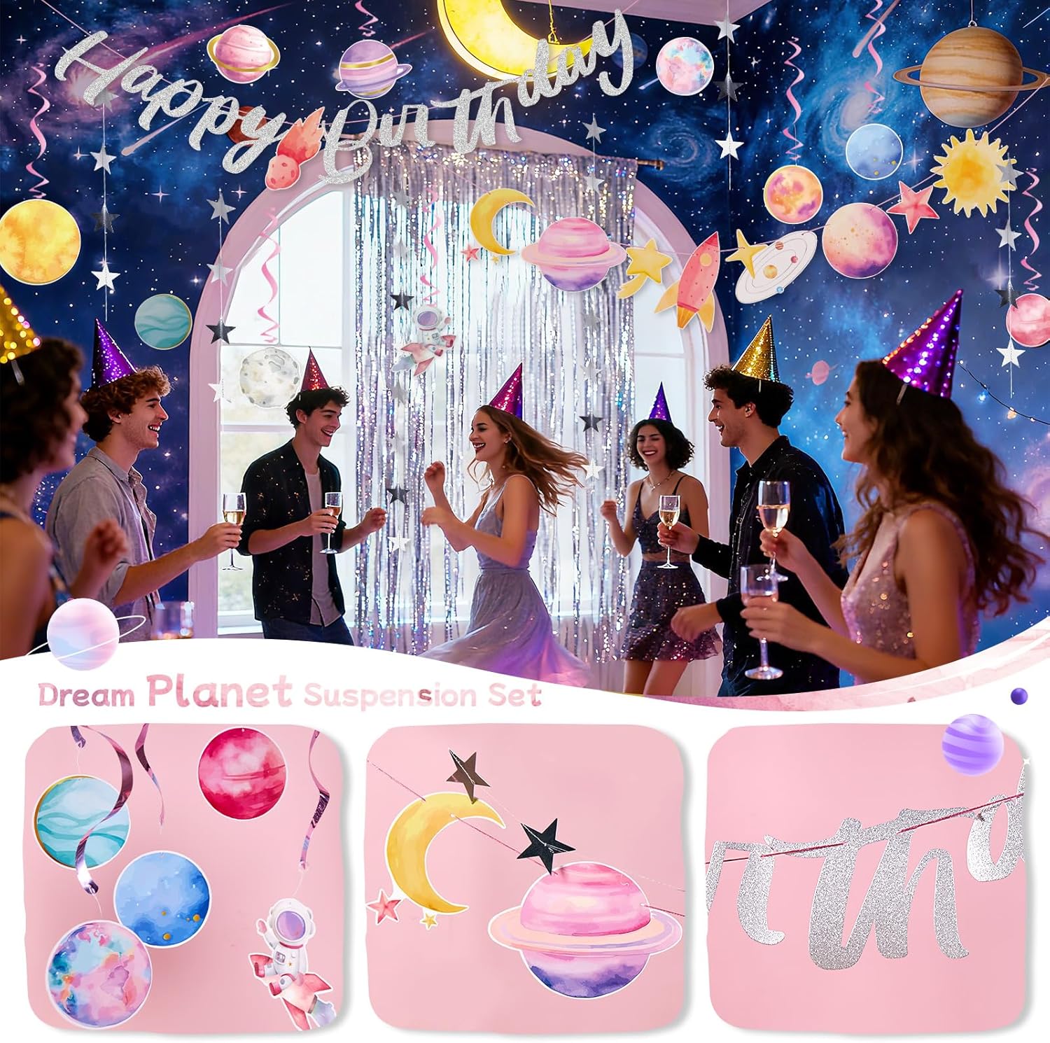 Thumbnail 2 de EASY JOY Weltraum Deko Happy Birthday Girlande 3D Papierdekoration Planet Spiralen Space Astronauten