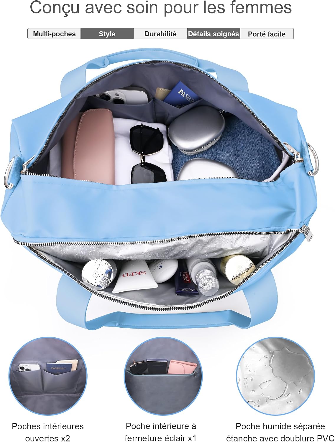 Thumbnail 4 de PHSYNI Sac de sport femme 19 pouces : sac de voyage 25 L avec compartiment à chaussures et poche imperméable