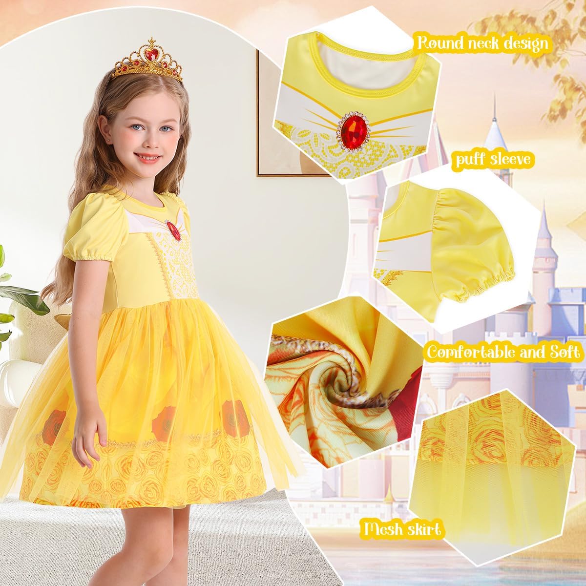Detalle de Benylion Girls’ Princess Tulle Dress with Puff Sleeves and 3D Diamond Print