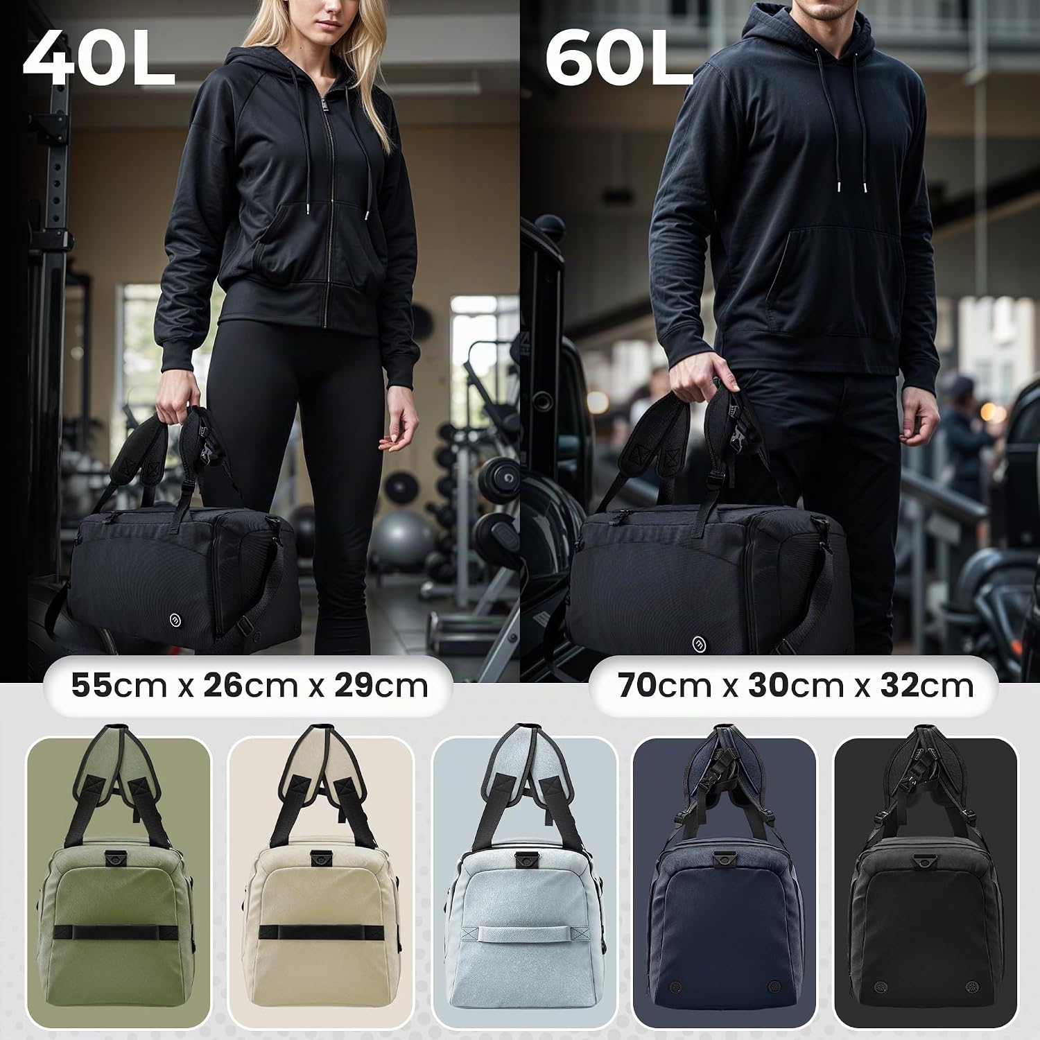 Detalle 2 de Sporttasche mit Rucksackfunktion, Schuhfach & Nassfach (40/60L) – Fitnesstasche für Gym, Schwimmen und Reisen