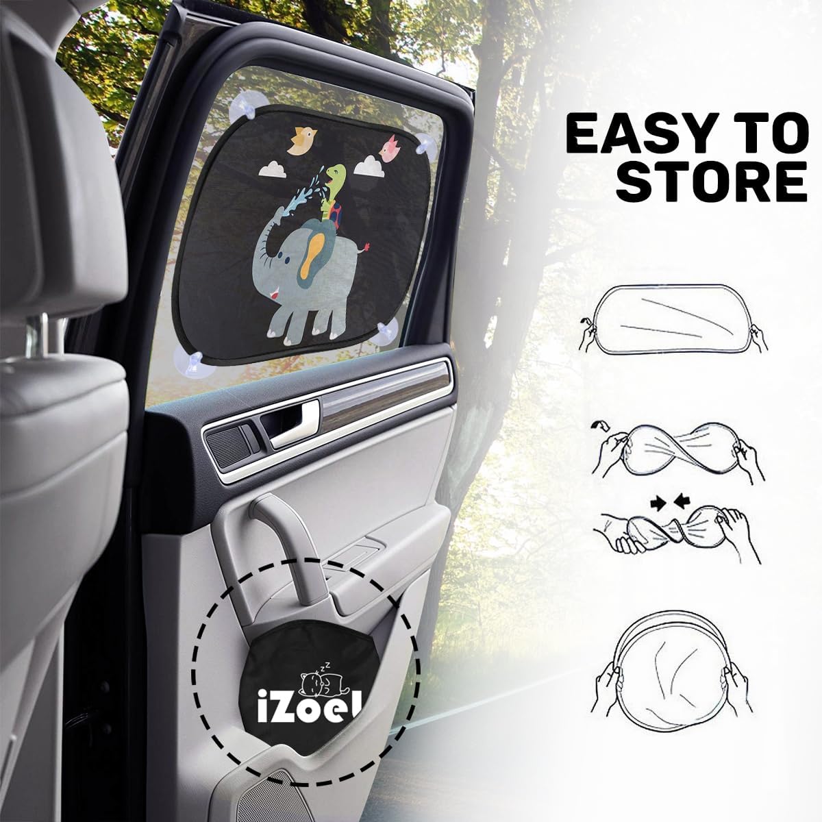 Detalle de iZoeL Parasole Auto per Bambini 2 Pezzi con Design Tartaruga/Elefante/Uccello – Protezione UV e Autoadesivo