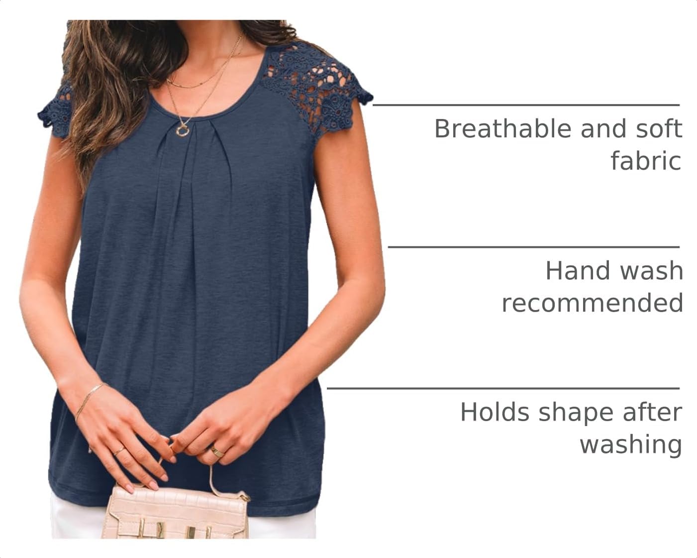 Detalle de AUTOMET Womens Lace Tops Pleated Short Sleeve Shirt