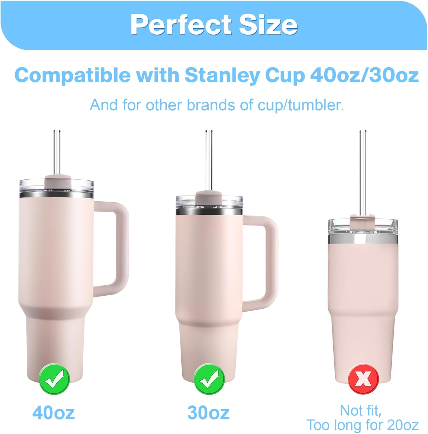 Detalle de Glasstrohhalme 31 cm für Stanley Cup 40 oz/30 oz – 10 Stück inkl. Strohdeckel & Reinigungsbürsten