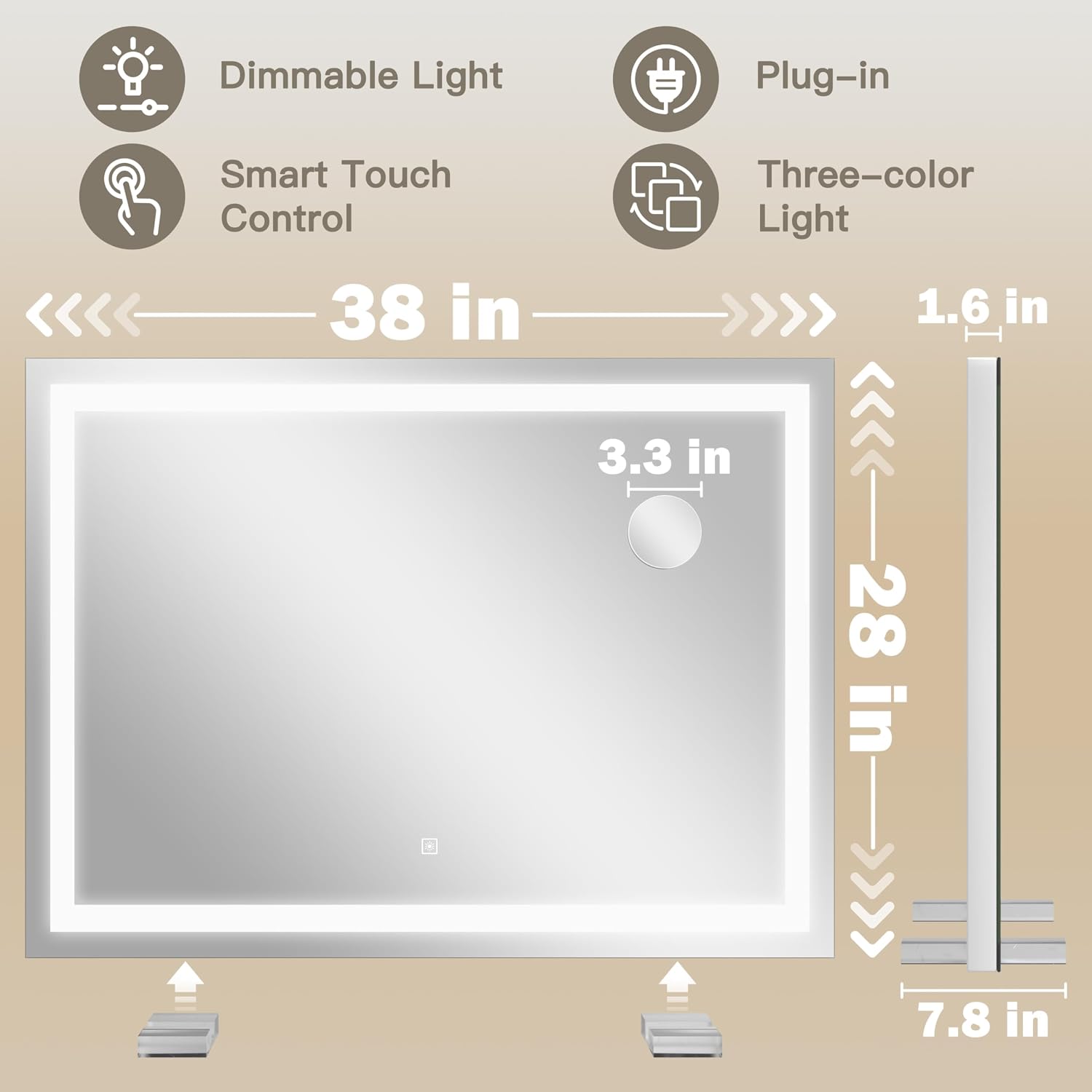 Detalle 2 de ROLOVE 38"x28" Lighted Vanity Mirror, Dimmable 🪞