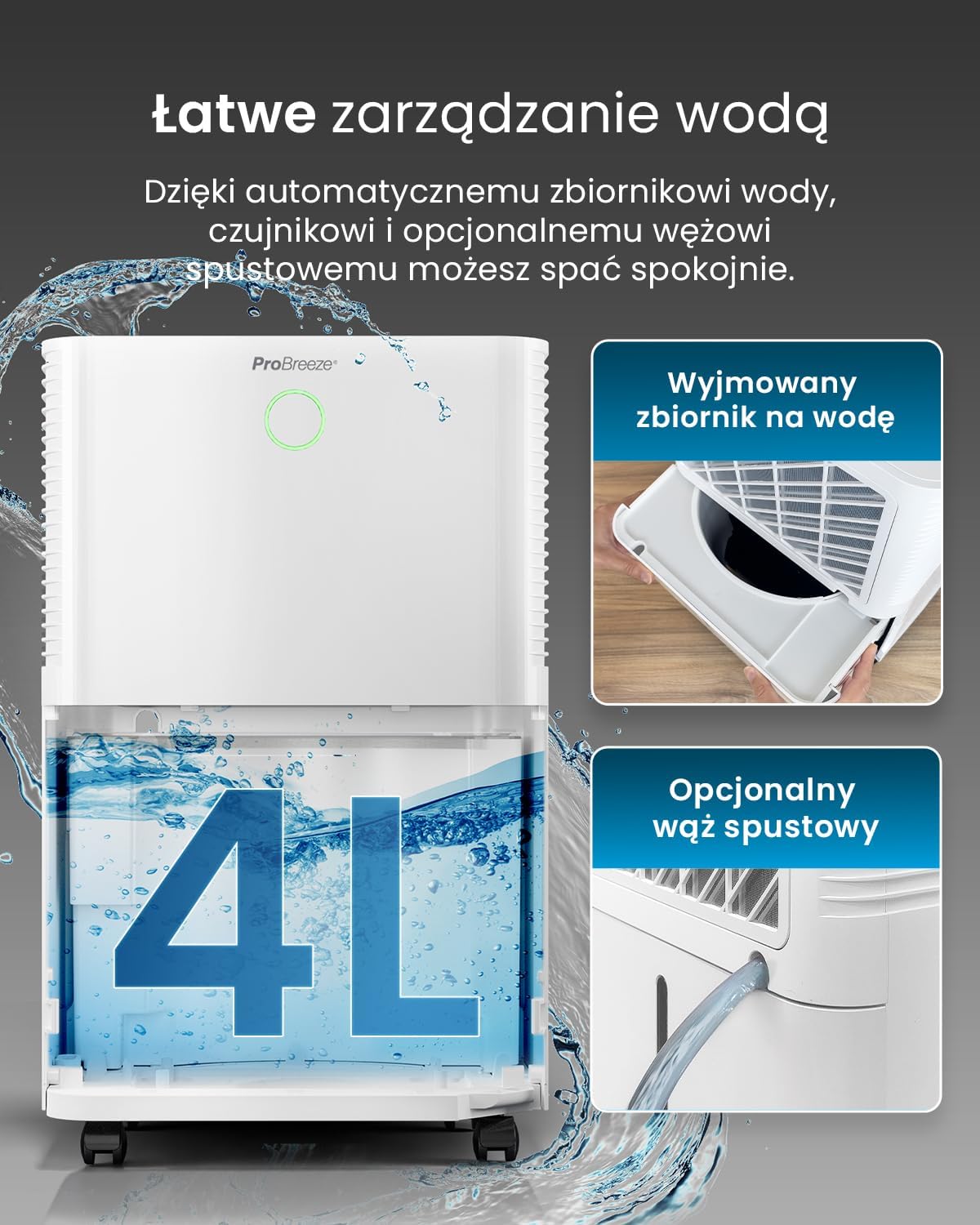 Detalle de Pro Breeze PB-D-24-WF – osuszacz kompresorowy 20 l/dobę, zbiornik 4 l