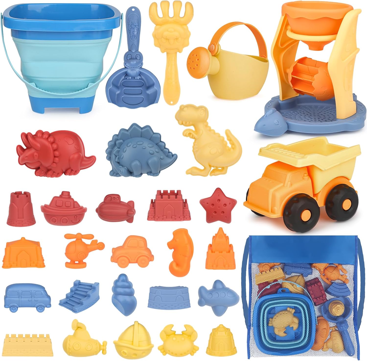 YIMORE Jeux de Plage 30 Pièces – Coffre de sable avec Dino, animaux marins et véhicules, sac en filet