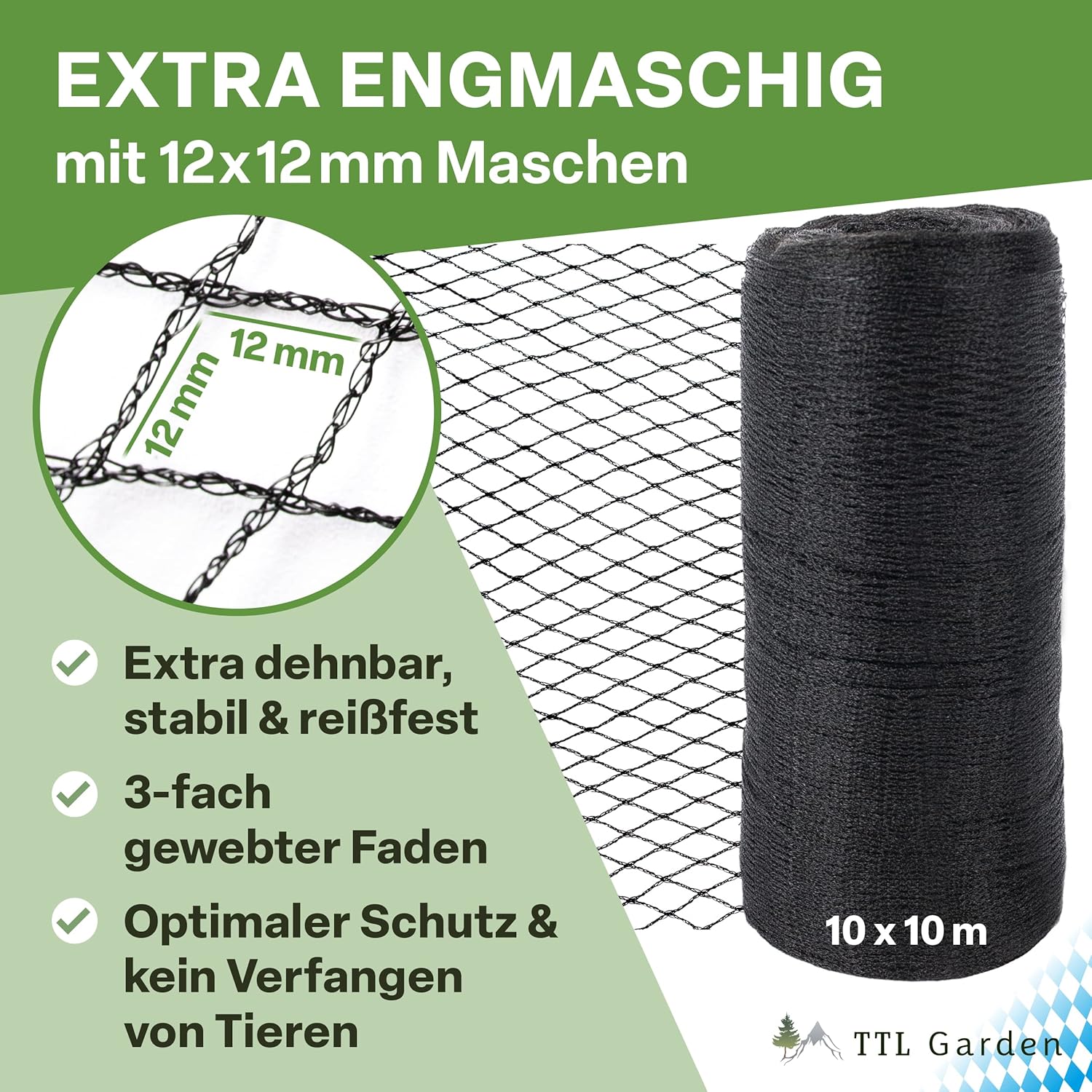 Thumbnail 1 de TTL GARDEN 10x10 m Teichnetz Vogelschutznetz schwarz, 30 g/m², 12x12 mm HDPE – inkl. 14 Bodenanker