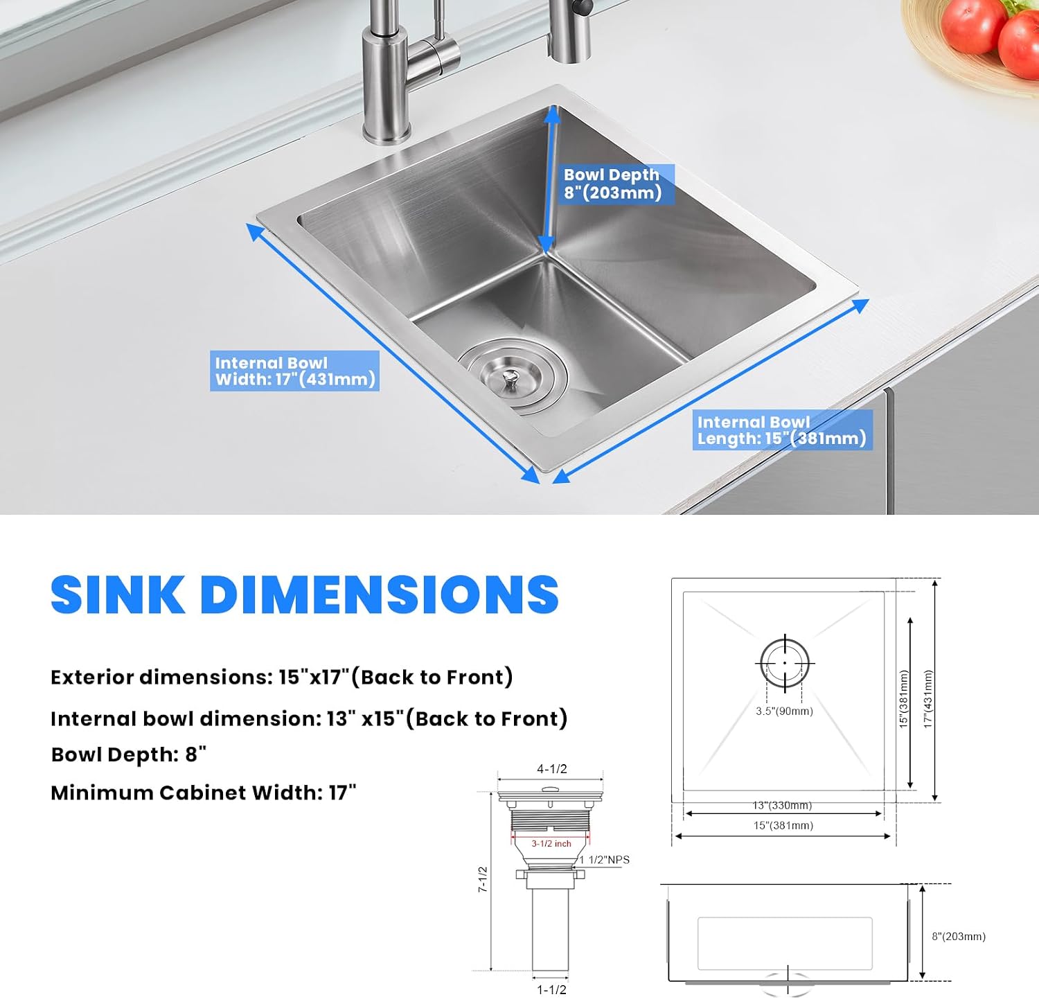 Thumbnail 6 de POPFLY Undermount Bar Prep Sink 15-inch
