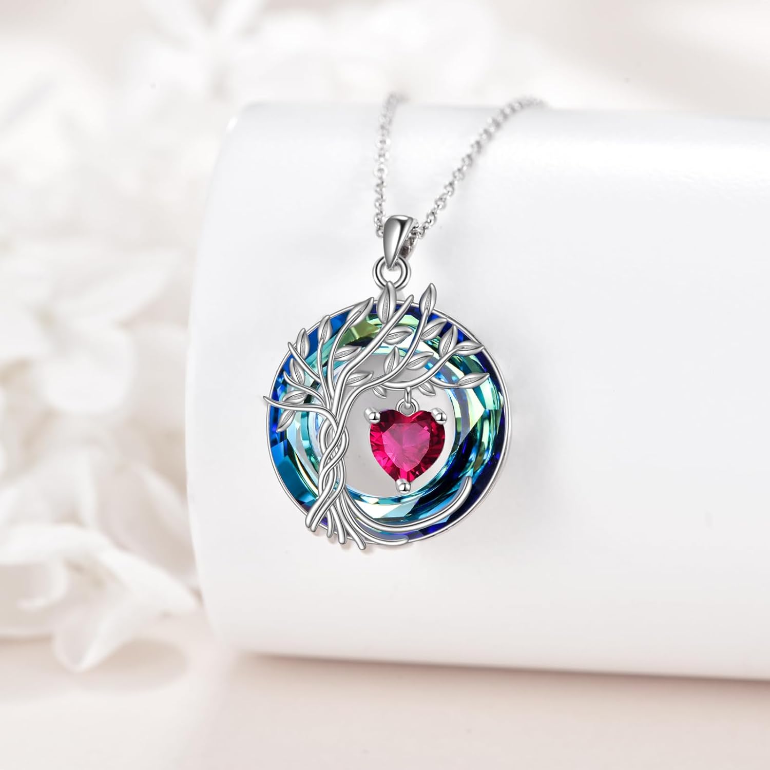 Detalle de POPLYKE Lebensbaum Geburtsstein Kette aus 925 Sterling Silber – Baum des Lebens mit Rubin (Juli)
