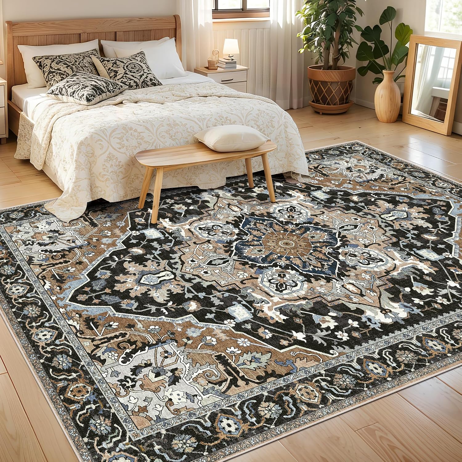 Detalle 2 de Deerly 6' x 9' Washable Area Rug, Low Pile, TPE Backing, Black/Multi