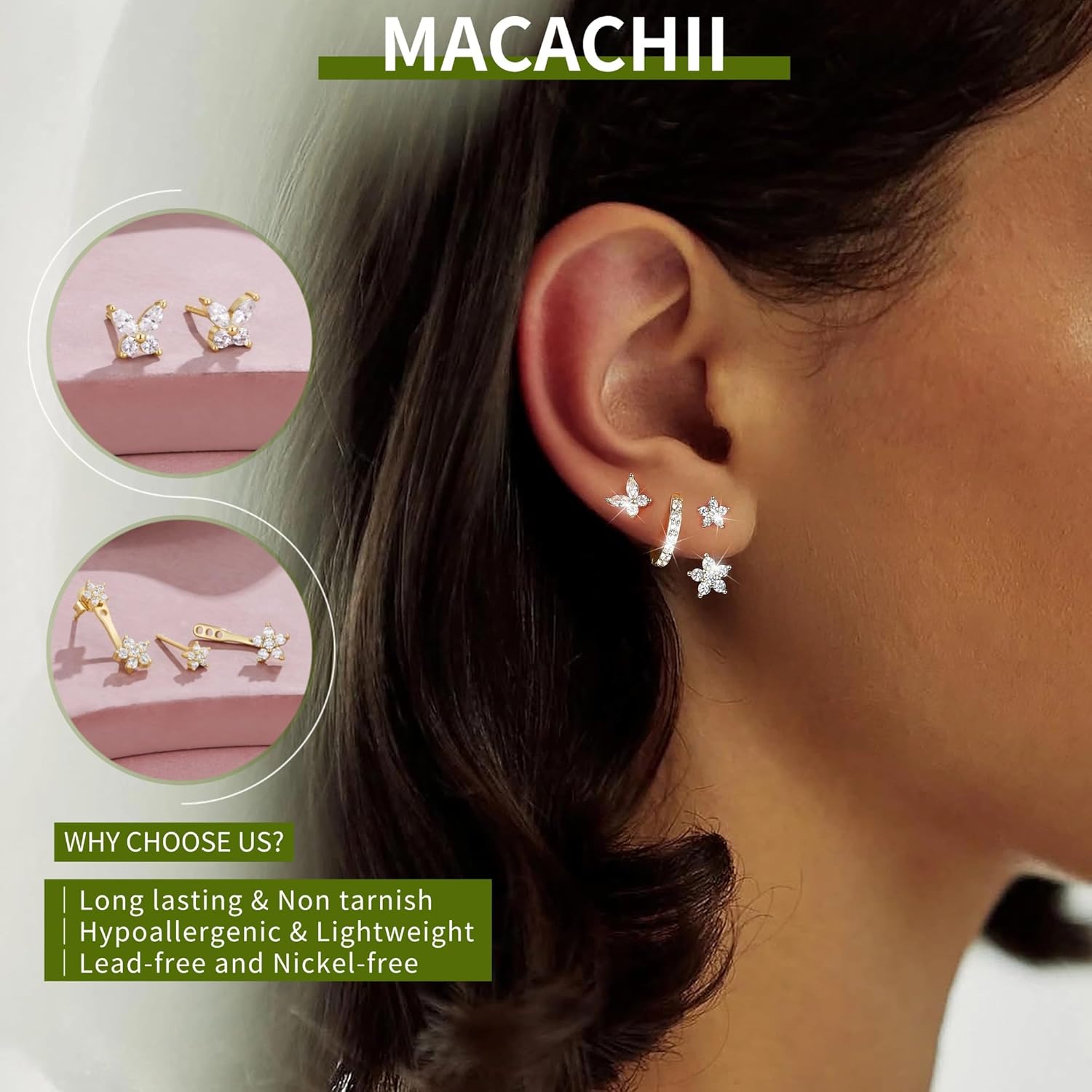 Thumbnail 2 de Macachii sterling silver earrings set: 3 pairs of small stud hoop climber ear stack earrings