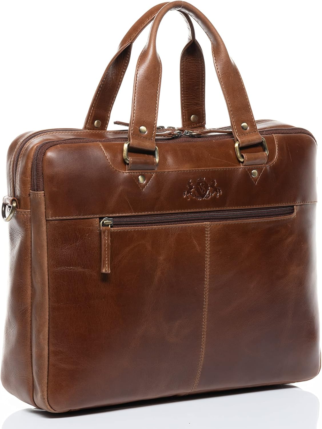 Detalle de SID & VAIN Große Laptoptasche Echt Leder – 15 Zoll, braun, handgefertigt, mit Laptopfach und Trolley-Befestigung