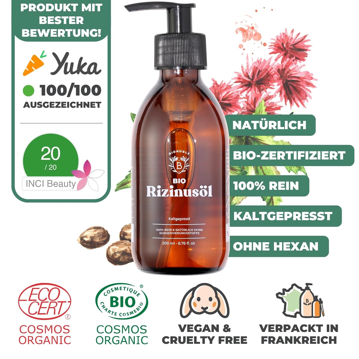 Thumbnail 1 de BIONOBLE Bio Rizinusöl kaltgepresst – 200 ml mit Pumpe, vielseitig einsetzbar für Haare, Wimpern, Augenbrauen, Nägel und Haut