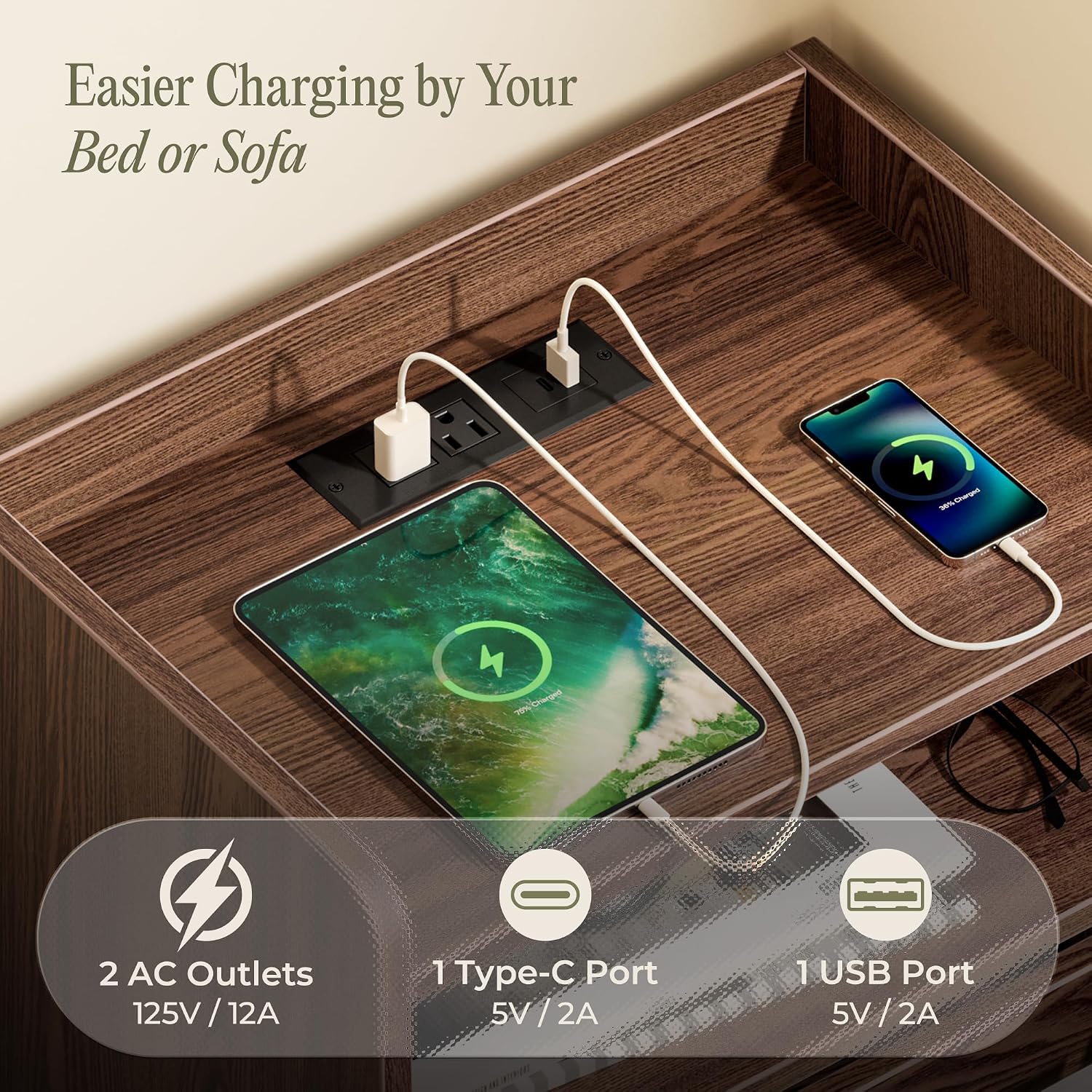 Detalle de Huuger Set of 2 Nightstands with Charging Station, USB-C, Walnut Fluted Drawer