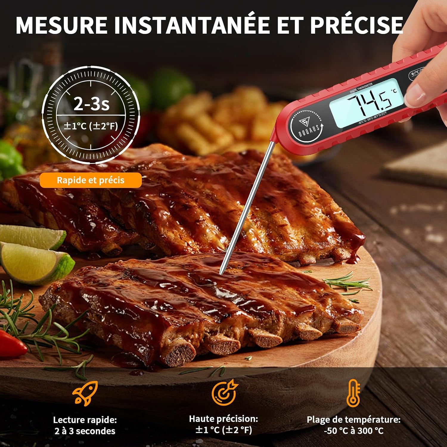 Thumbnail 1 de DOQAUS Thermomètre Cuisine Double Sondes Pliable – Lecture Instantanée 3s, Alarme et Cable Résistant