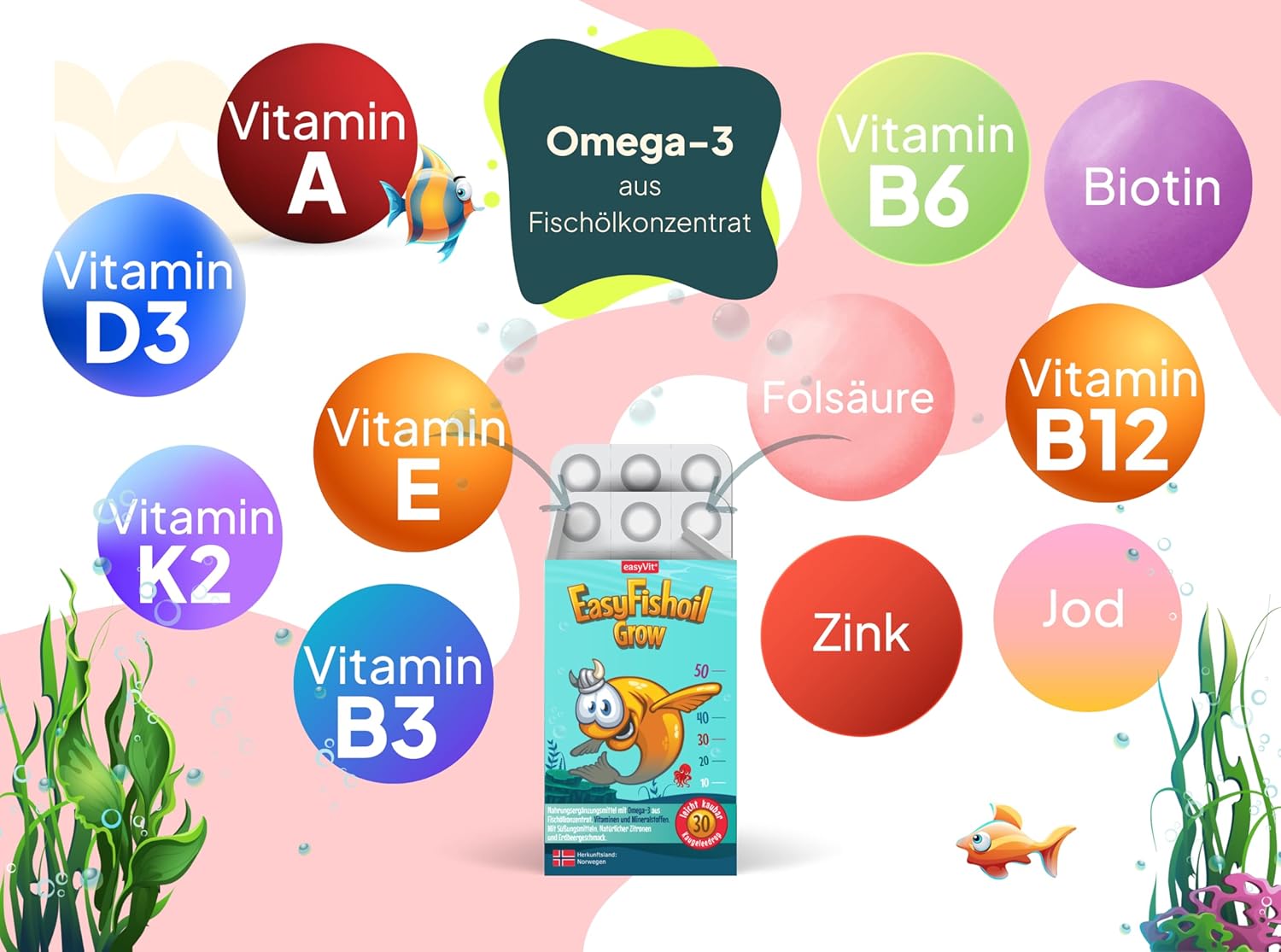Thumbnail 3 de EasyFishoil Grow Omega-3 Kinder (1 Monat, 30 Kaugeleedrops) mit Vitaminen & Mineralstoffen